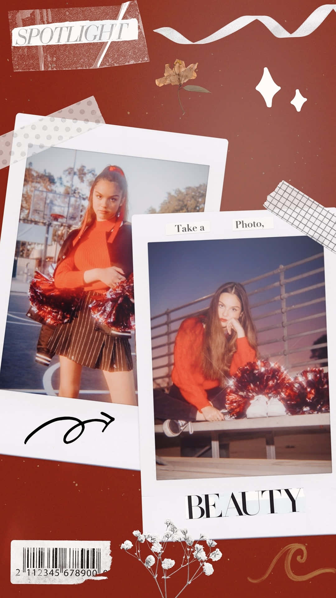 Olivia Rodrigo Aesthetic 桌布 壁紙 — 兩張拍立得照片，一名身穿紅色啦啦隊服裝的女子，貼在帶有裝飾元素的紋理紅色背景上。