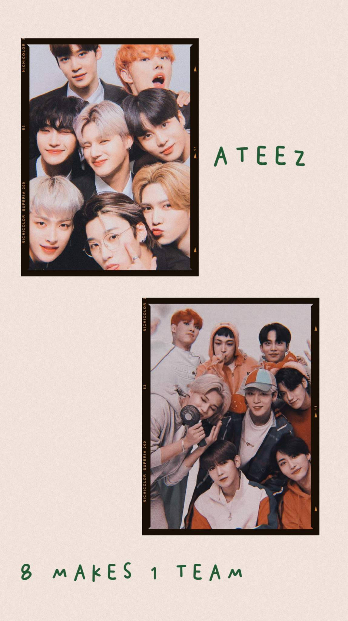 Kpop Aesthetic 桌布 壁紙 — 兩張拍立得風格的照片，K-pop 團體 ATEEZ 以鮮豔的髮色和休閒服裝一起擺姿勢。