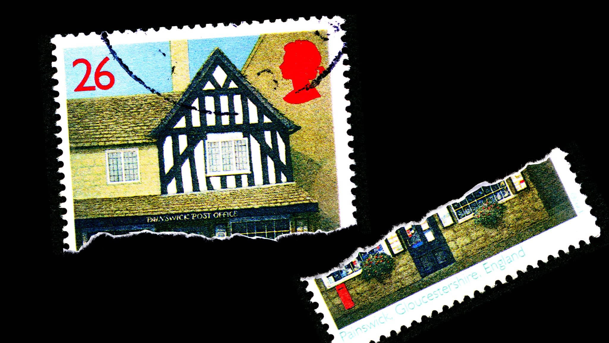 Post Office 桌布 壁紙 — 兩張撕裂的英國郵票，展示英格蘭佩恩斯威克的歷史木框架建築，背景為黑色。
