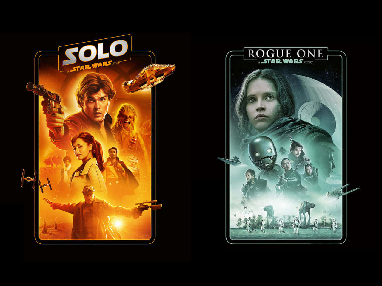 Solo A Star Wars Story 桌布 壁紙 — 兩張星際大戰電影海報並排放置，一張是發光的橙色，有Han Solo和Chewbacca，另一張是冷藍色，有Jyn Erso和AT-AT步行機。