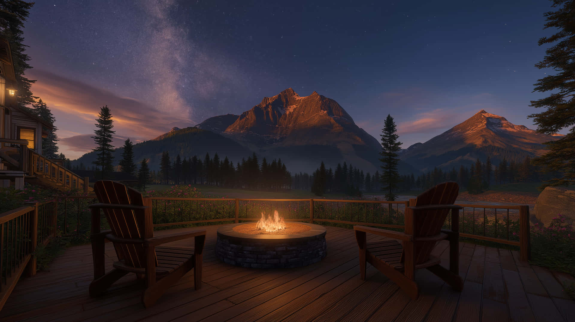 Mountain Vista from Cozy Fire Pit Deck at Twilight 壁紙 — 兩張木椅面向一個石頭火坑，在星空下、遠山環繞的露台上閃爍著光芒。