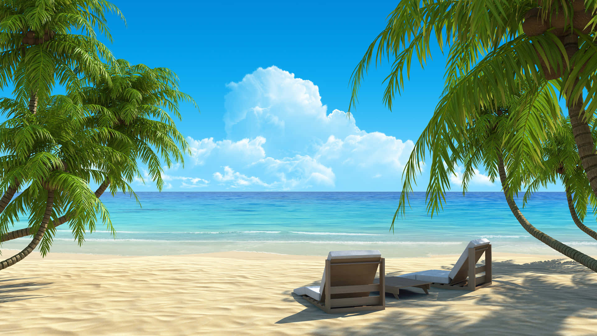Hi Res Beach 桌布 壁紙 — 兩張木製躺椅放在金色沙灘上，在搖曳的棕櫚樹下，面向碧綠海洋，上方是明亮的藍天。