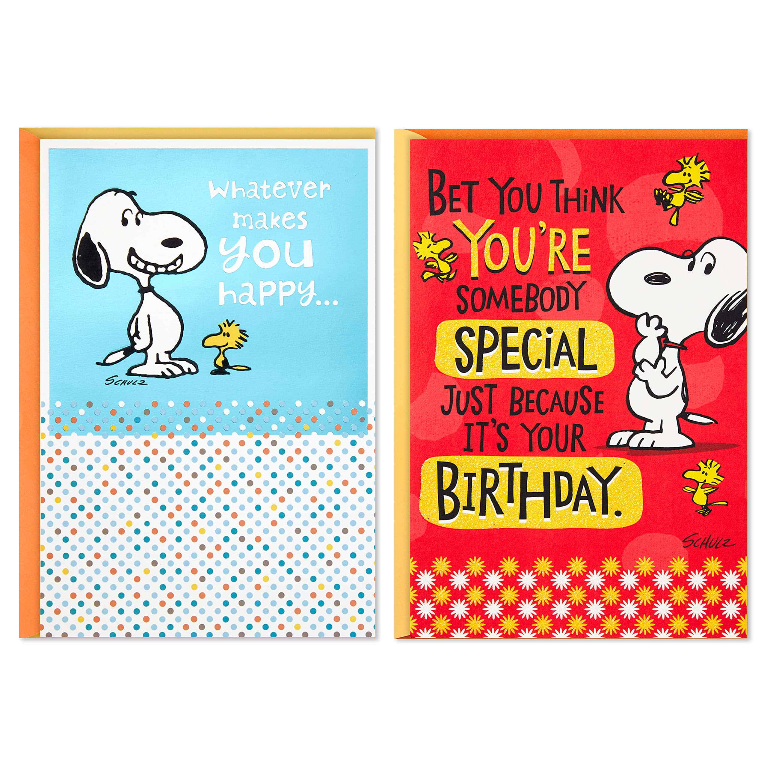 Charlie Brown Birthday 桌布 壁紙 — 兩張歡樂的史努比生日卡， featuring 狗和胡士托，帶有節日文字和彩色圖案。