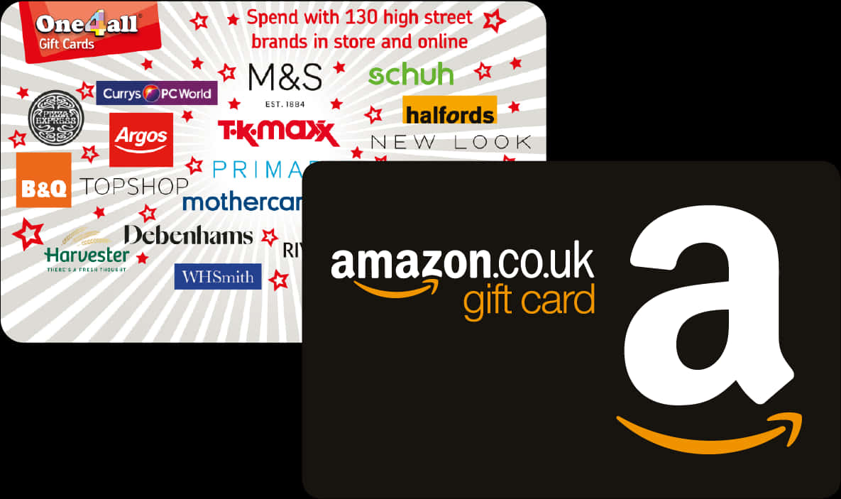 Amazon Logo 桌布 壁紙 — 兩張禮品卡，一張白色帶有紅色星星和品牌標誌，另一張黑色帶有亞馬遜標誌，背景深色。