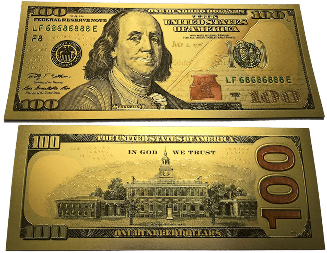 Dollars 桌布 壁紙 — 兩張鍍金百元美鈔，正面和背面展示在黑色背景前。
