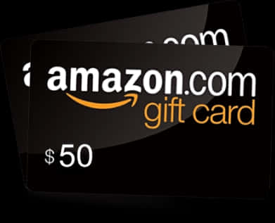 亞馬遜 桌布 壁紙 — 兩張黑色Amazon禮品卡，帶有橙色標誌和$50價值，顯示在深色背景上。