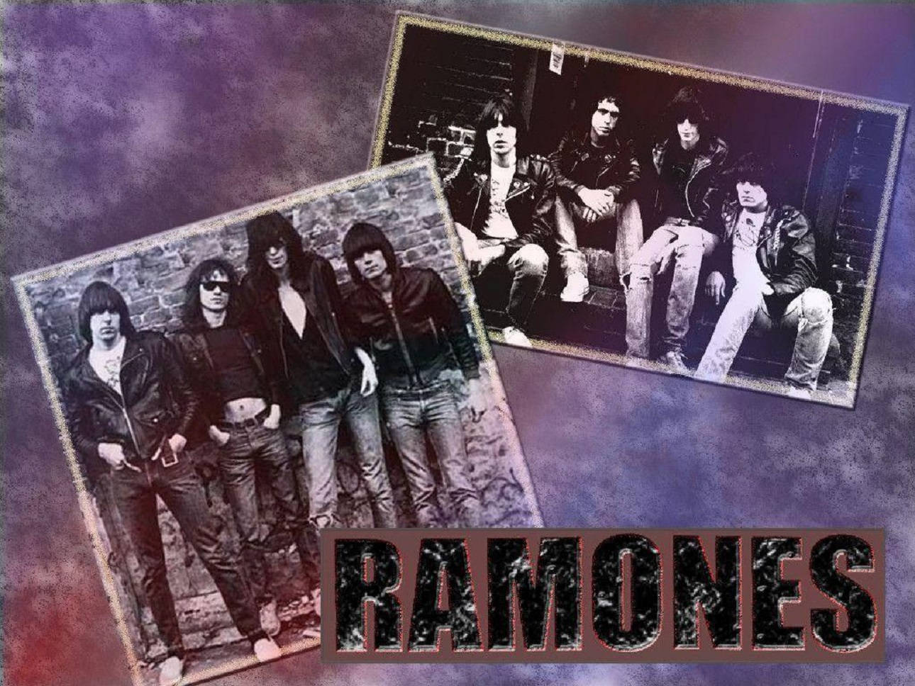 American 桌布 壁紙 — 兩張龐克樂團 Ramones 穿著皮夾克的復古照片，背景為帶紋理的紫色和紅色。