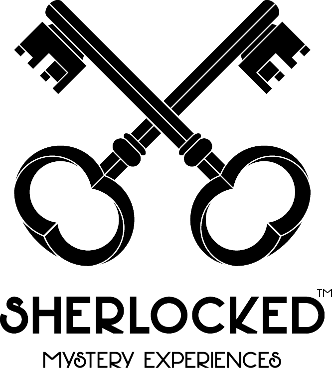 夏洛克 桌布 壁紙 — 兩把交叉的黑色復古鑰匙在白色背景上形成Sherlocked Mystery Experiences的標誌。