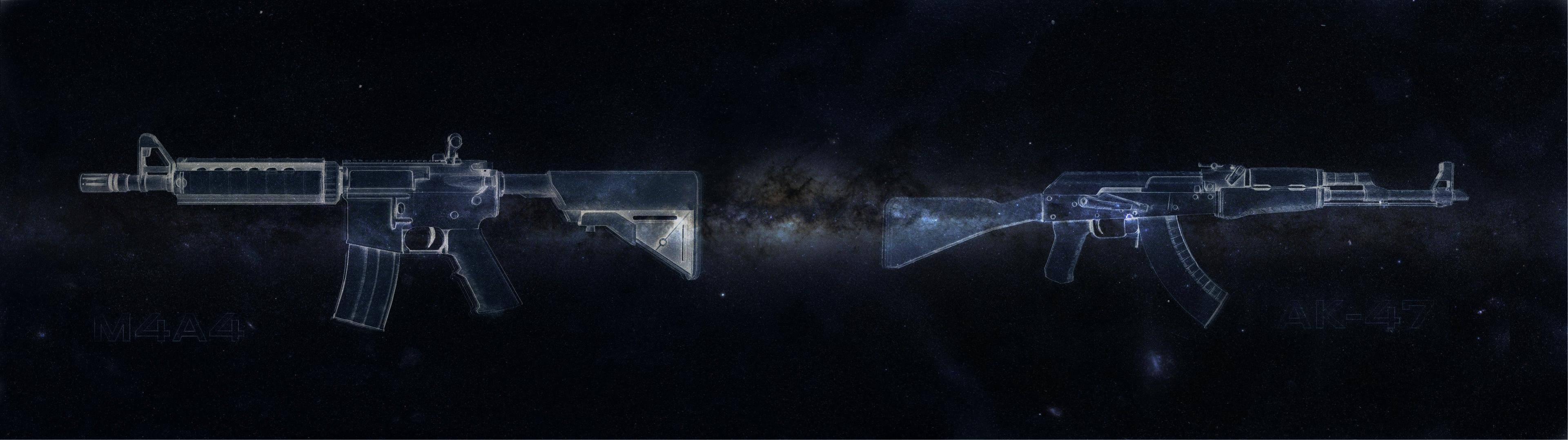 Dual 桌布 壁紙 — 兩把半透明突擊步槍漂浮在星光燦爛的宇宙背景上，它們之間有一個發光的星雲。