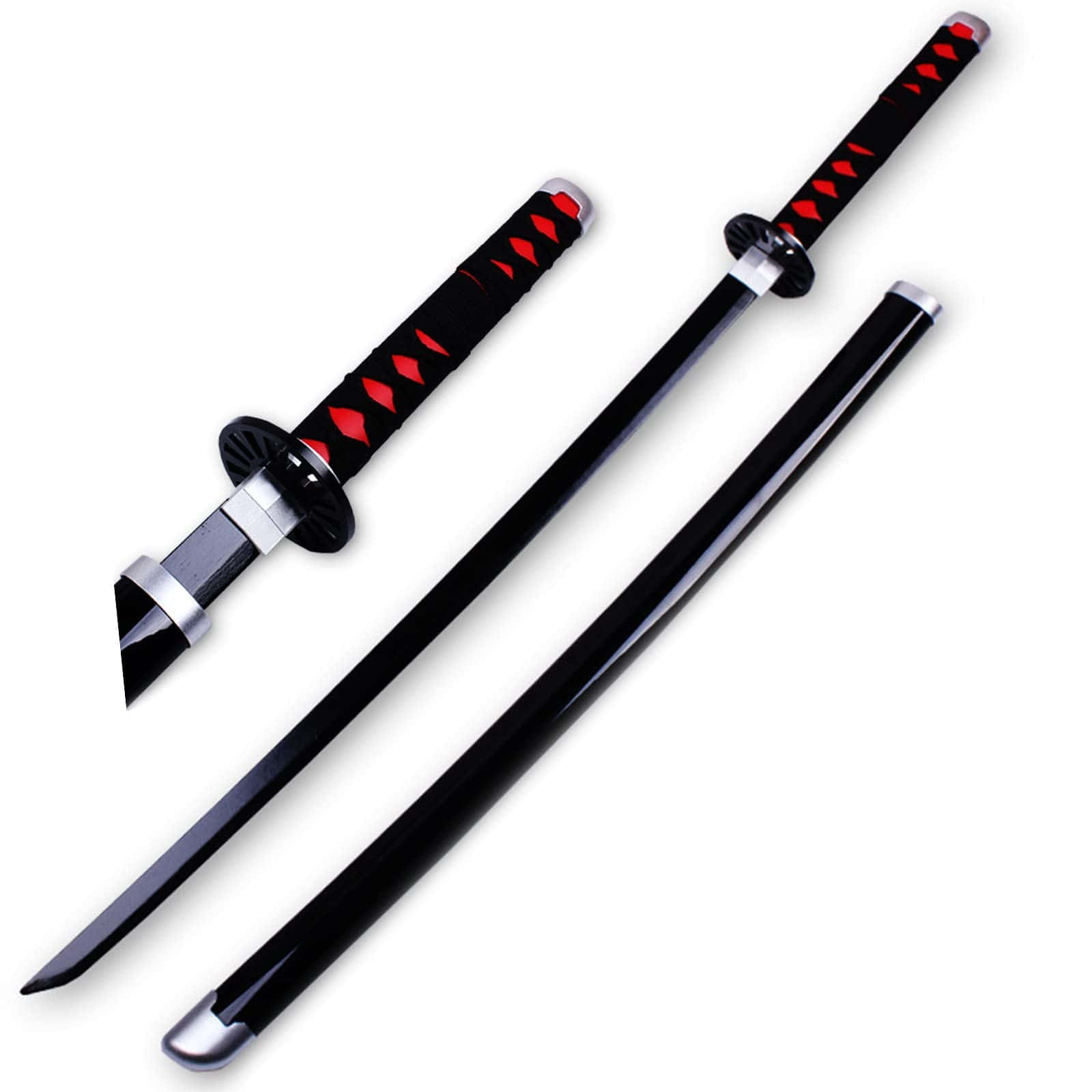 Nichirin Blades 桌布 壁紙 — 兩把時尚的黑色日本刀，手柄上有紅色鑽石裝飾，斜放在潔白的背景上。