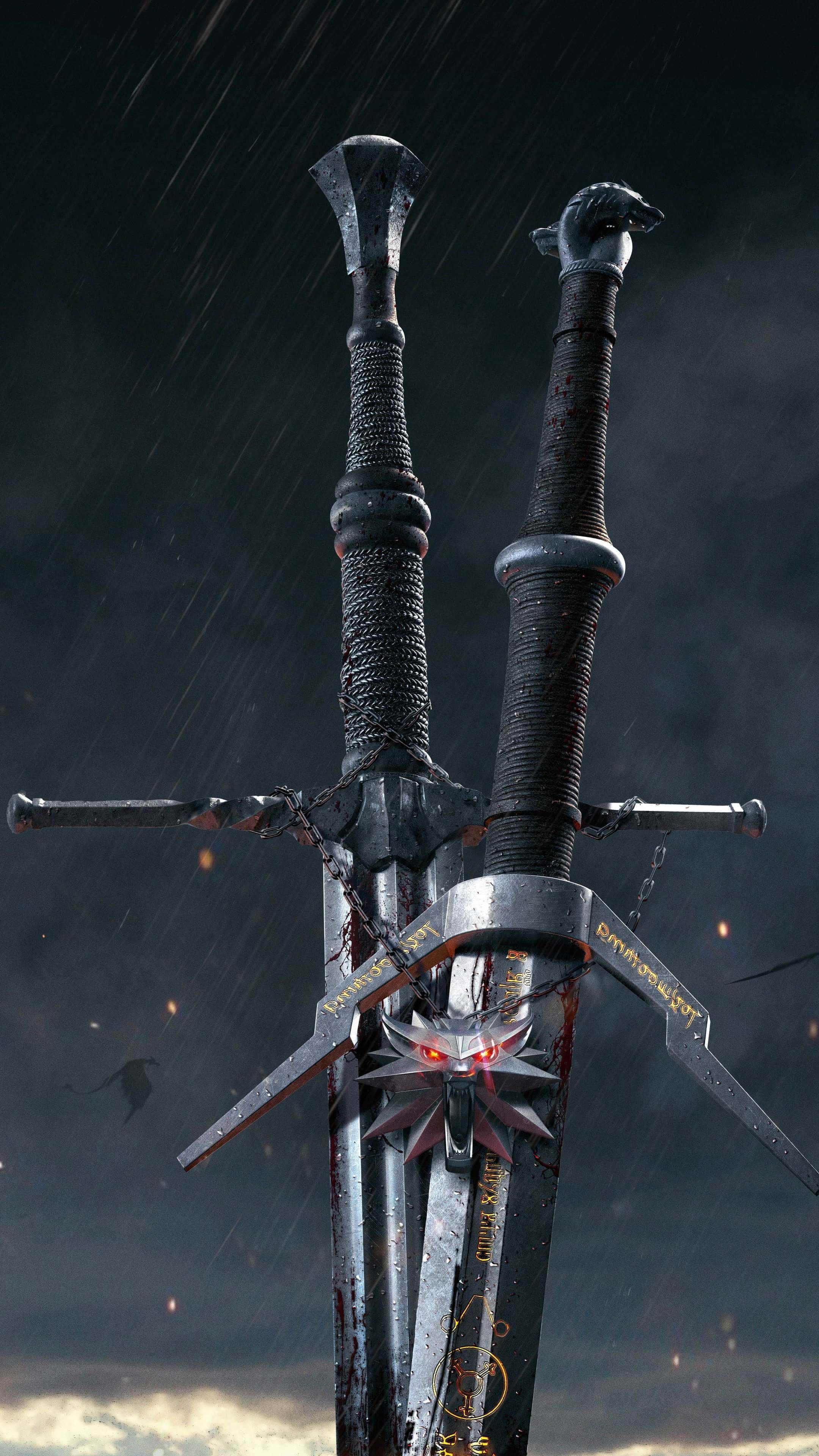 sword 桌布 壁紙 — 兩把華麗的劍在暴風雨的天空中交叉，伴隨著發光的紅眼和落下的雨。