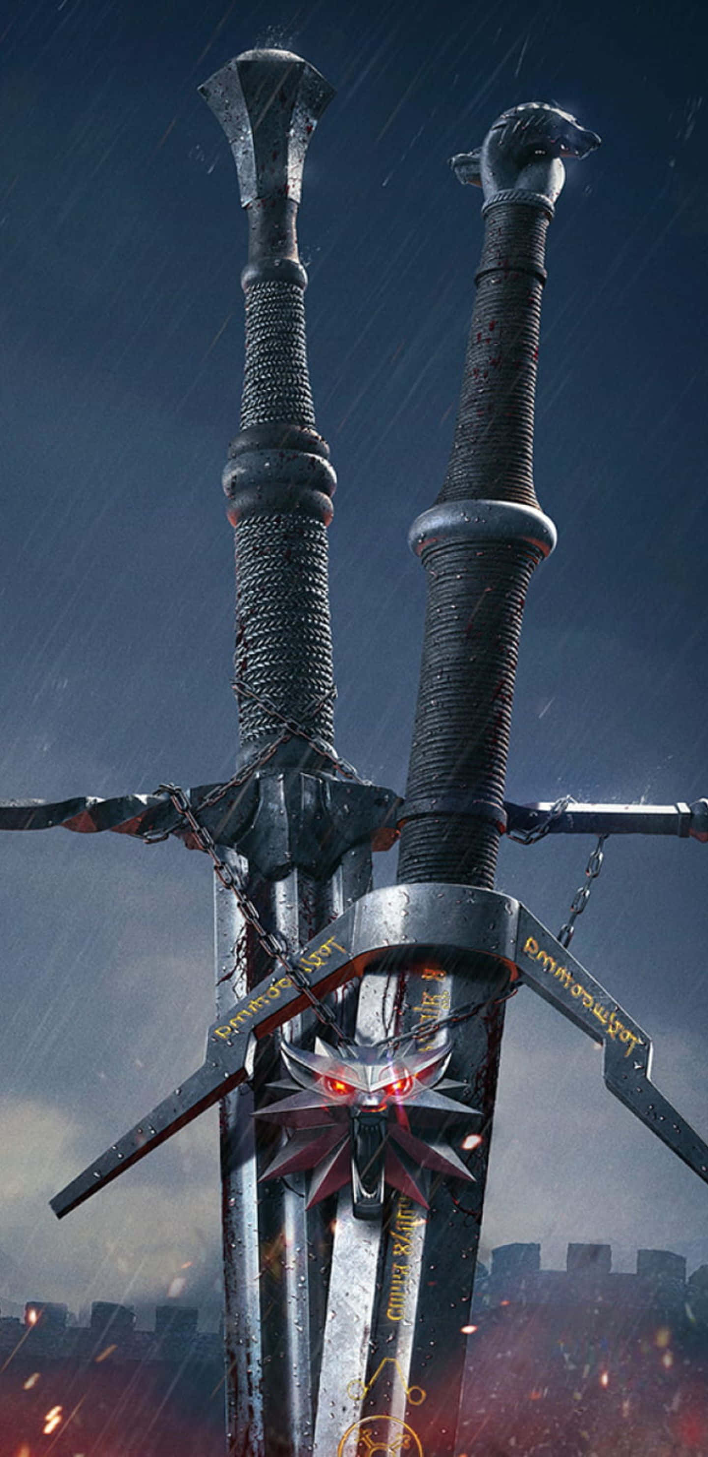 電玩遊戲 桌布 壁紙 — 兩把華麗的劍在暴風雨的天空中交叉，下方有發光的紅眼和城堡廢墟。
