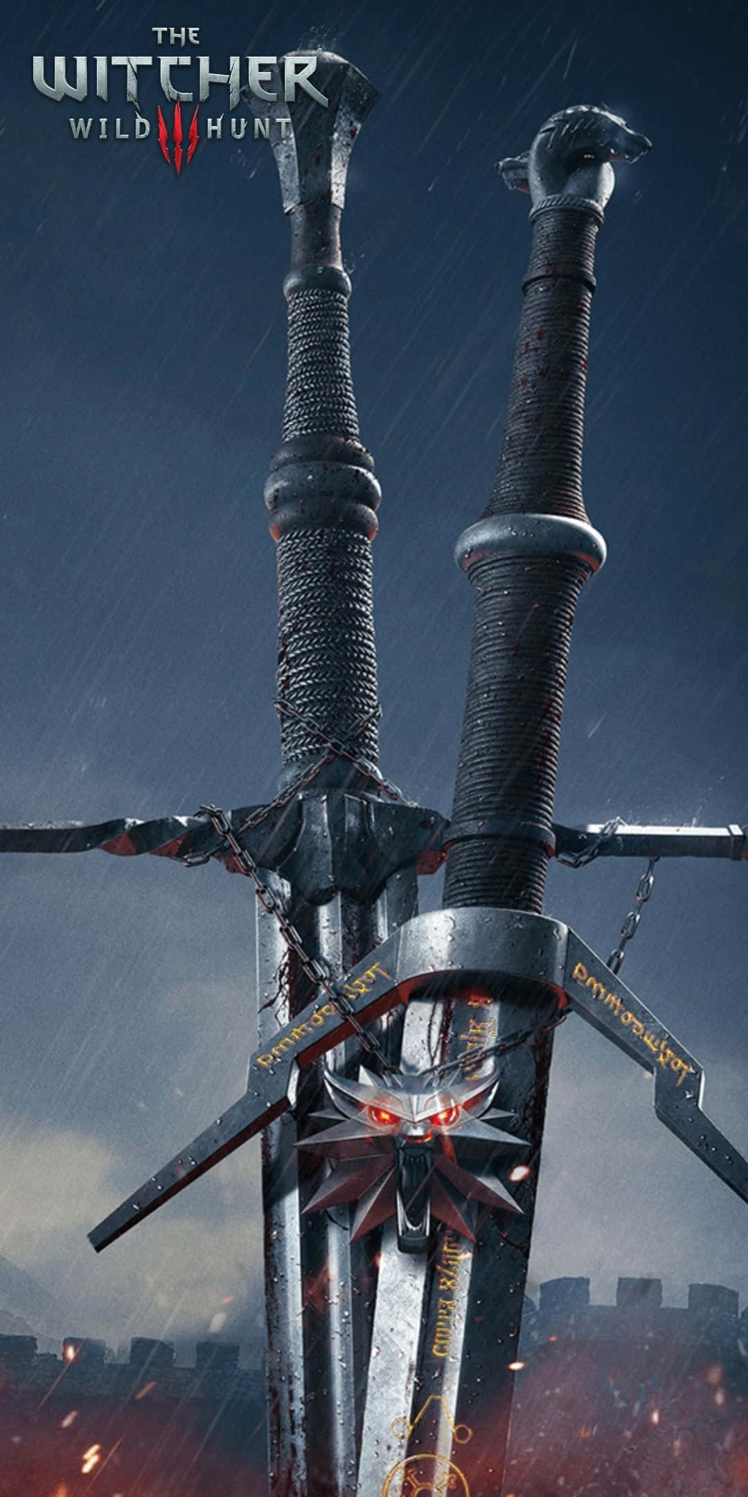 Pixel 3 The Witcher 3 桌布 壁紙 — 兩把華麗的劍在暴風雨的天空中交叉，下方有發光的紅色眼睛和城堡輪廓。