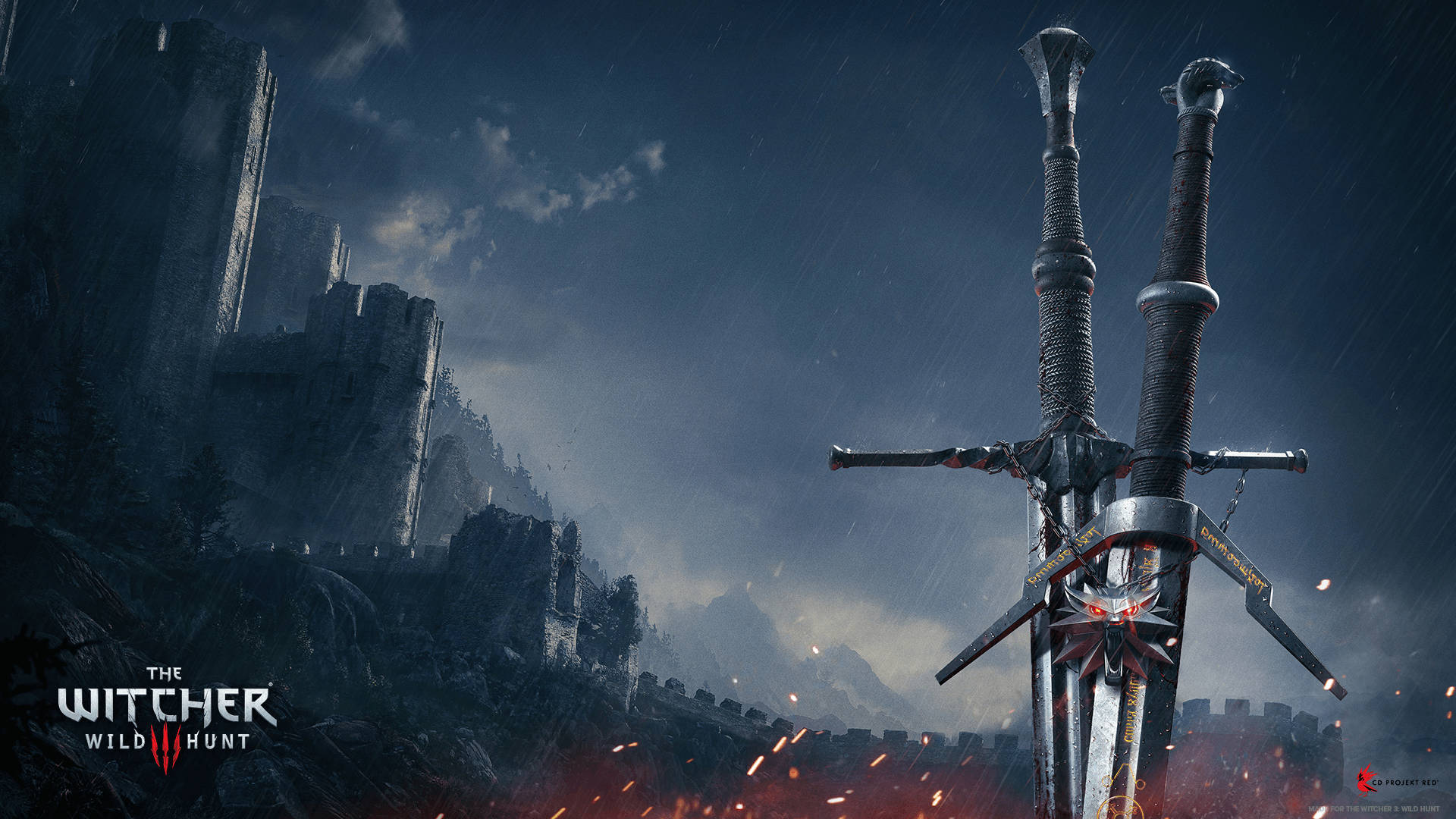 Witcher 桌布 壁紙 — 兩把華麗的劍在雨中交叉而立，背景是黑暗的城堡輪廓，天空風暴肆虐，底部有發光的餘燼。