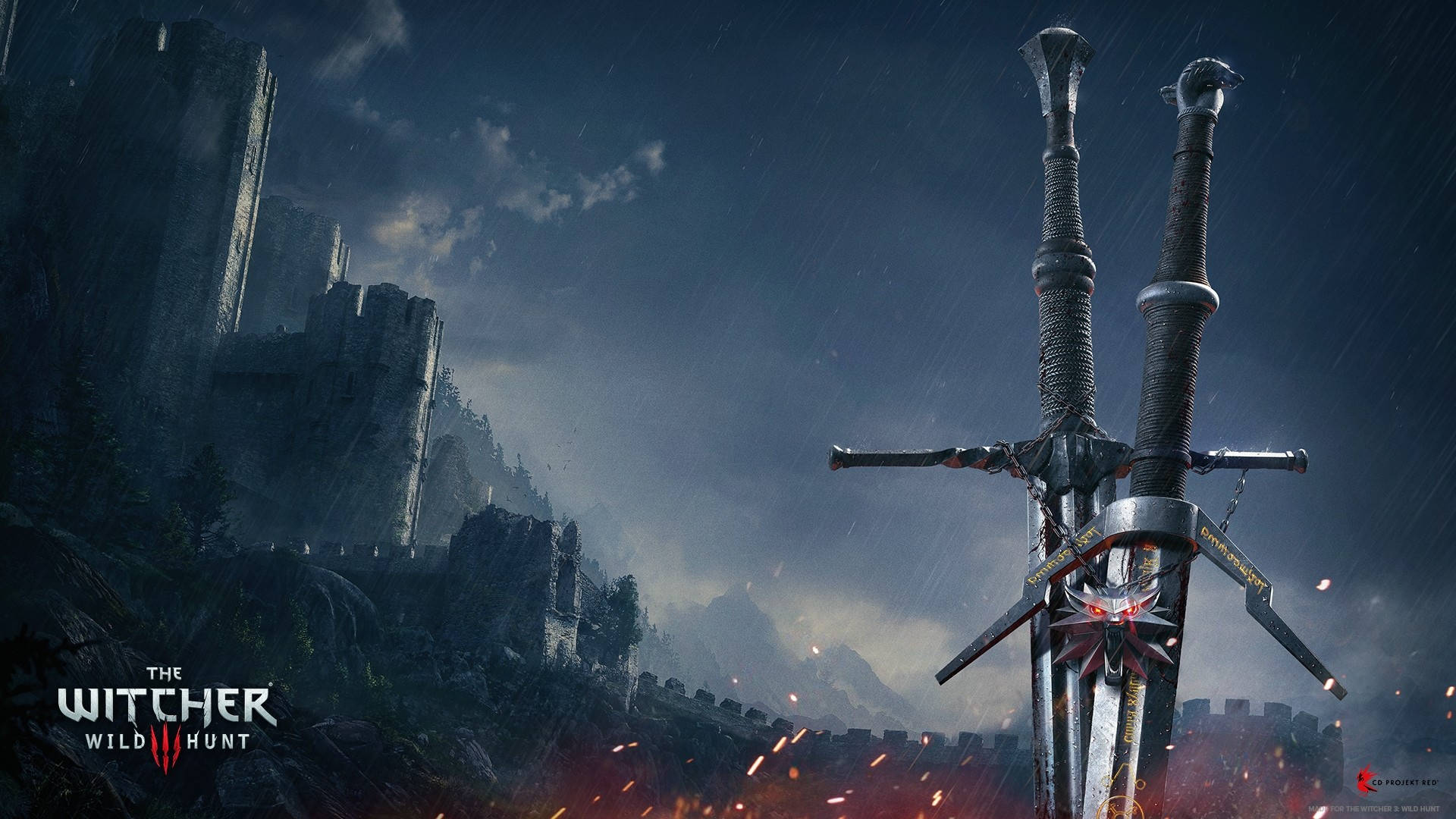 witcher 4K 桌布 壁紙 — 兩把華麗的劍在雨中直立，背景是黑暗的城堡，劍的底部有發光的紅色火花。