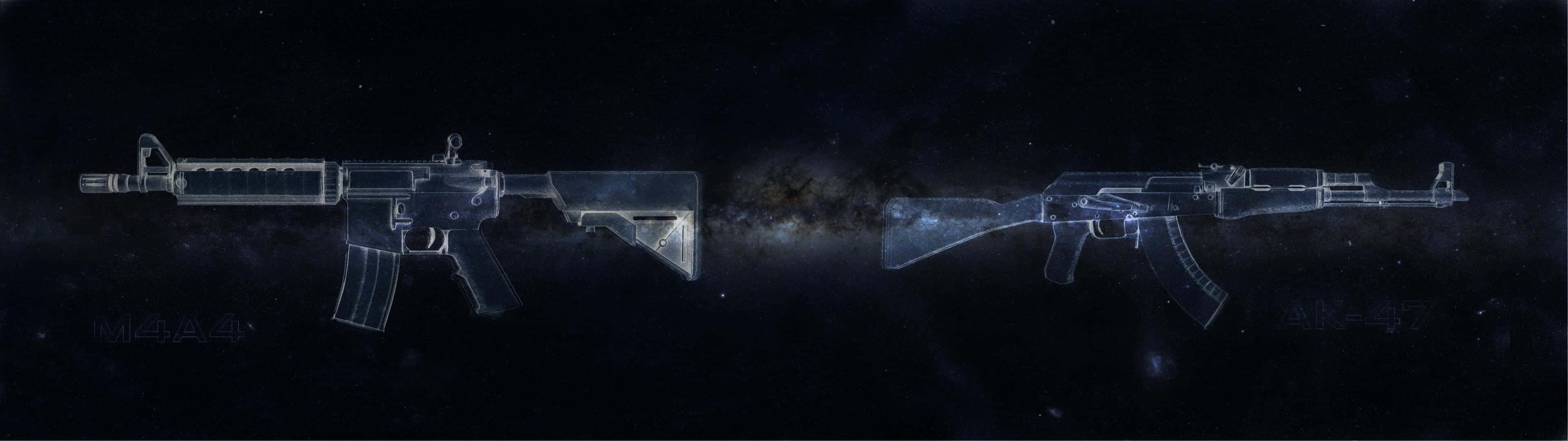 電玩遊戲 桌布 壁紙 — 兩把透明突擊步槍在星空宇宙背景下漂浮，帶有發光的藍色能量軌跡。