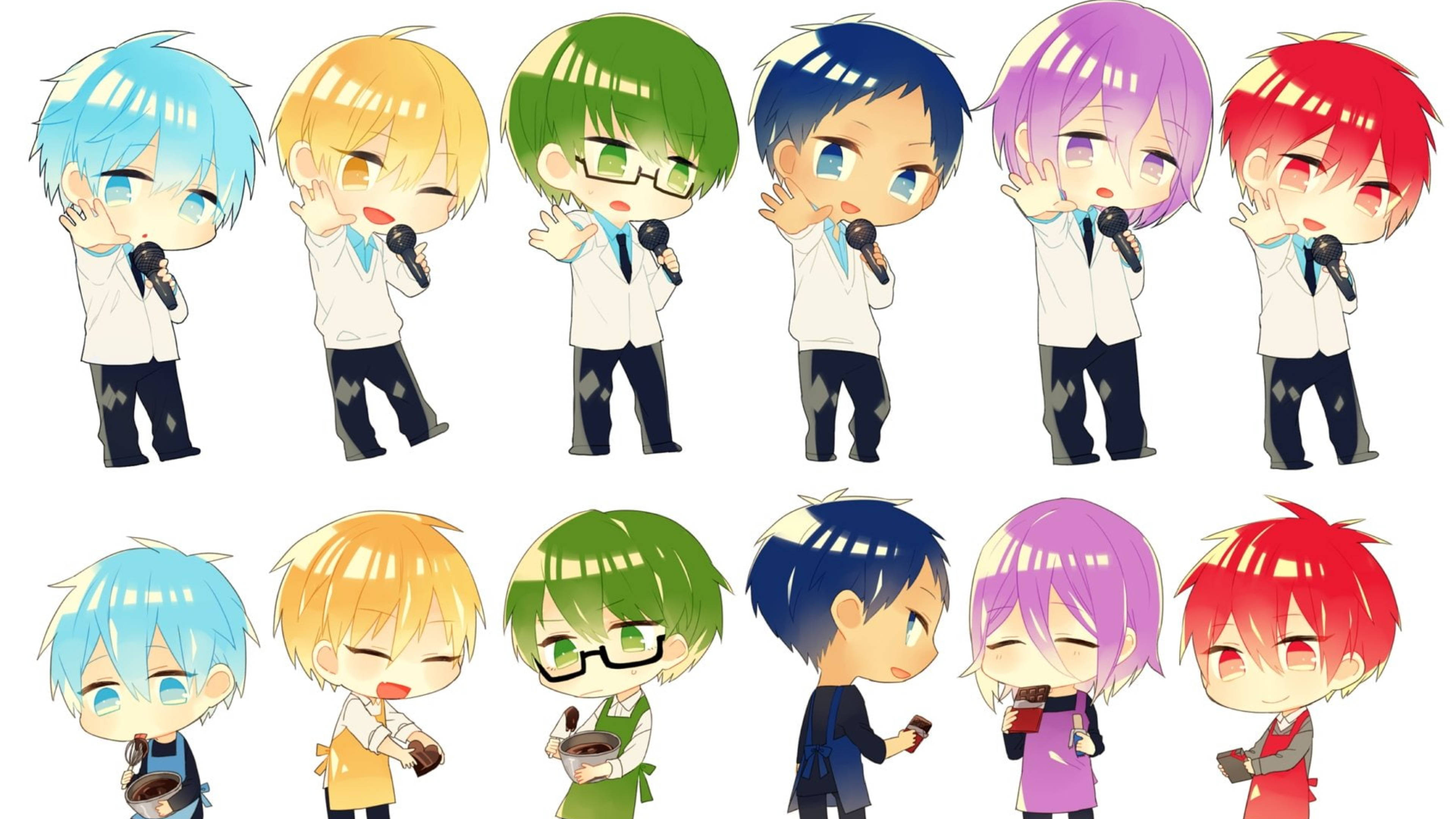 Kuroko No Basket 桌布 壁紙 — 兩排色彩繽紛頭髮的Q版動畫男孩，每人手持麥克風或零食，背景為純白色。