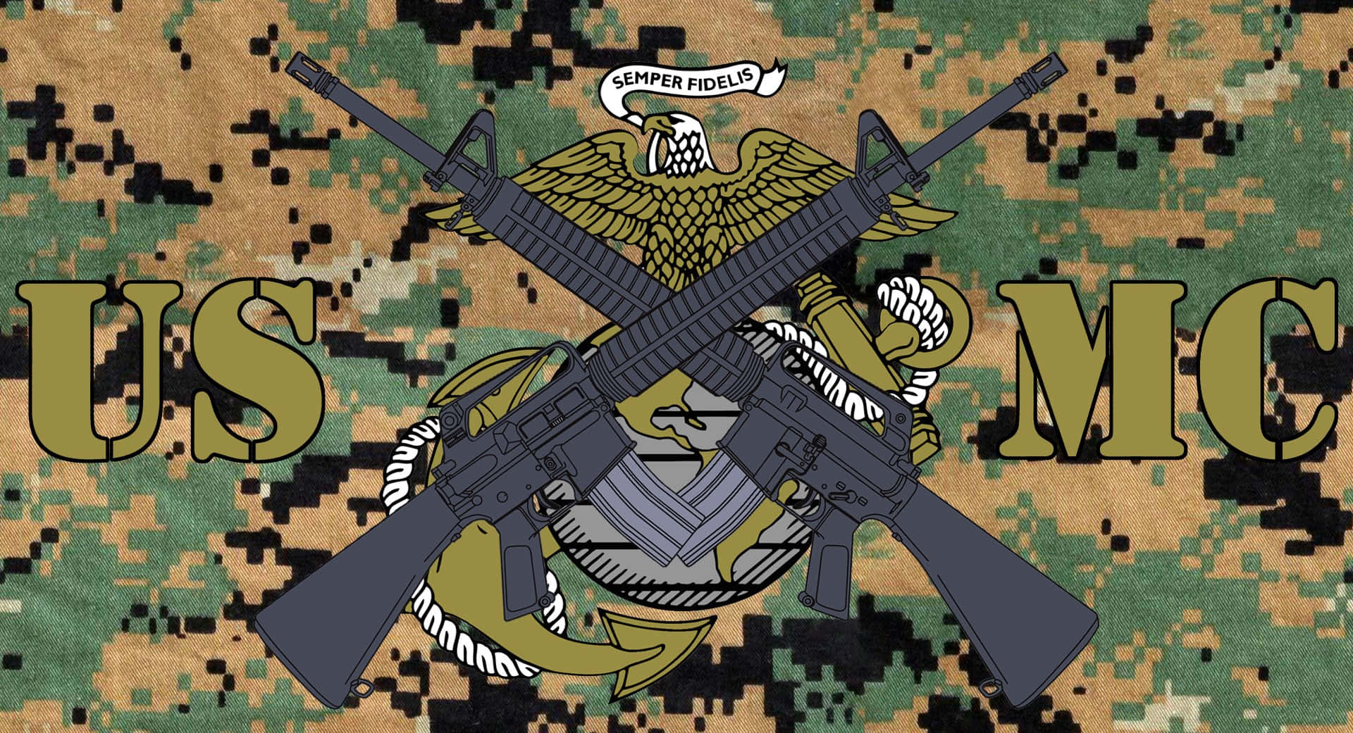 guns 桌布 壁紙 — 兩支交叉步槍疊加在數位迷彩背景上的美國海軍陸戰隊鷹、地球和錨徽章上。