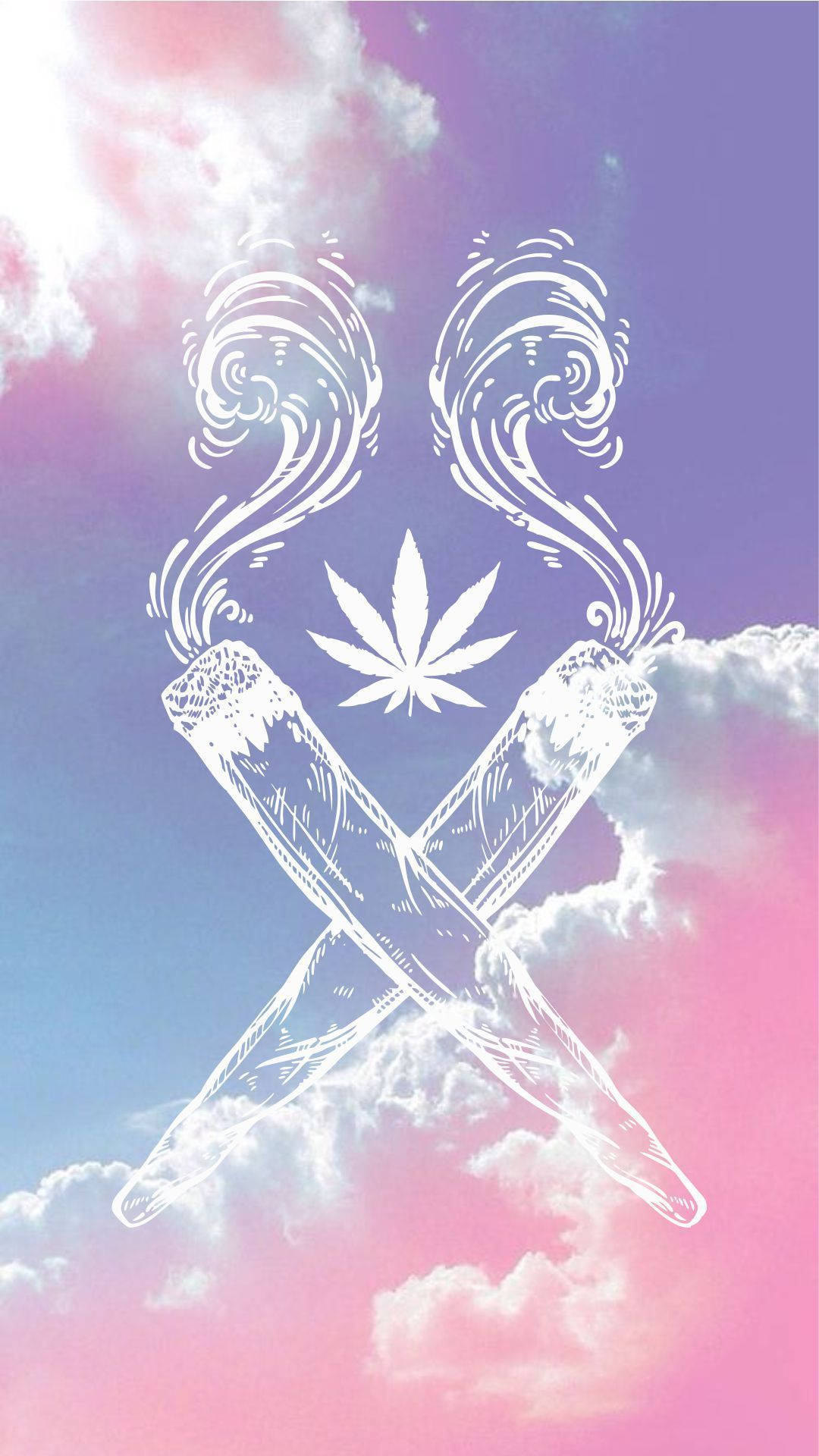迷幻 桌布 壁紙 — 兩支交叉的大麻煙，帶有旋轉的煙霧和葉子標誌，漂浮在粉紅色和藍色的粉彩天空，有蓬鬆的雲朵。