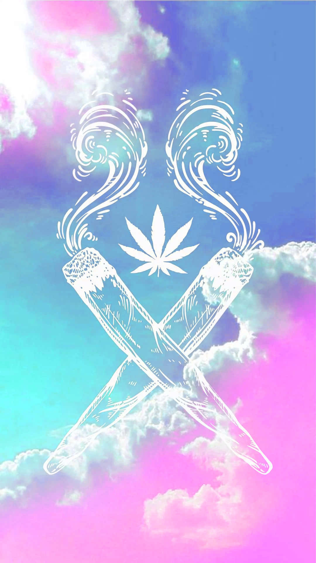 Trippy Aesthetic 桌布 壁紙 — 兩支交叉的大麻煙，帶有旋轉的煙霧和葉子標誌，漂浮在充滿活力的粉彩天空和蓬鬆的雲朵前。
