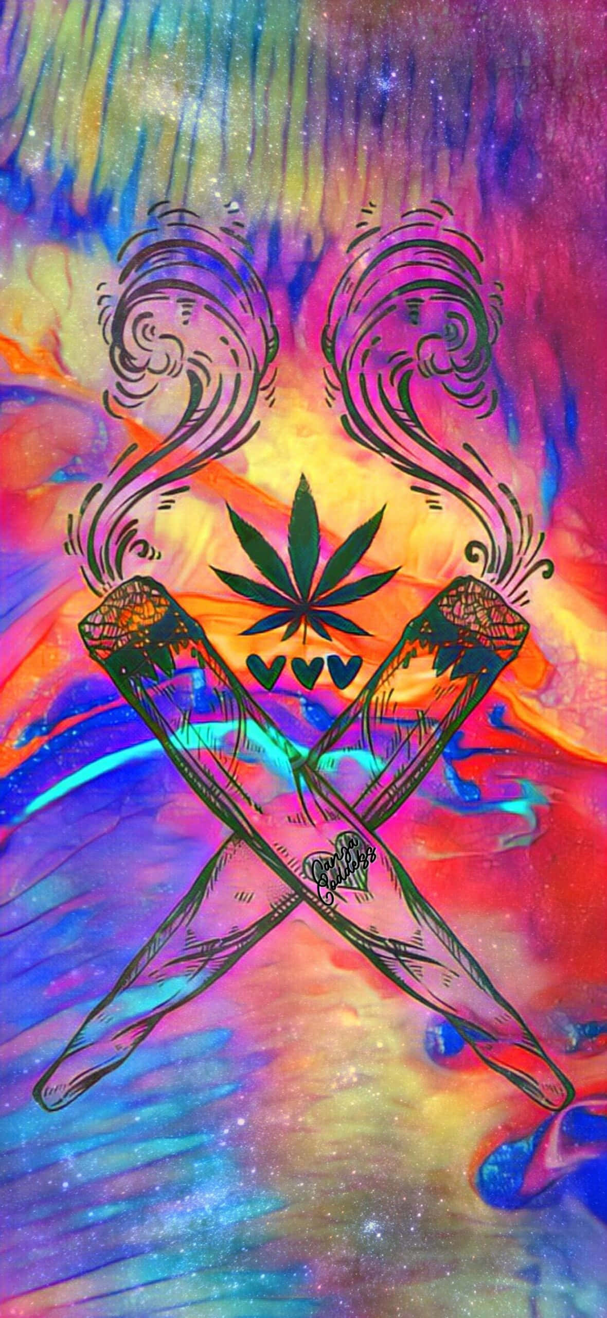 大麻 桌布 壁紙 — 兩支交叉的大麻煙在充滿活力的宇宙紮染背景中散發出旋轉的煙霧，中央有一片大麻葉。