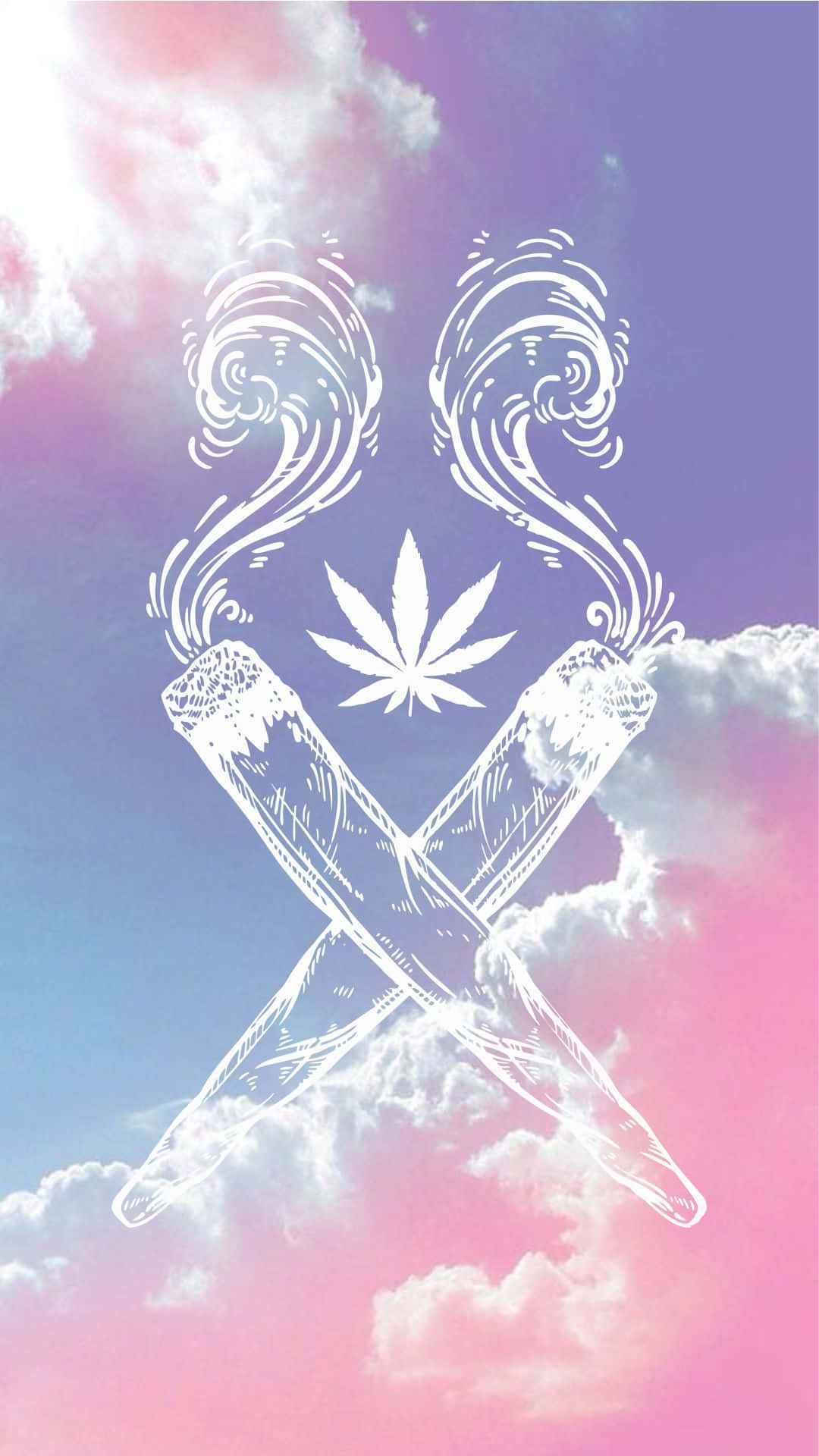 Cute Stoner 桌布 壁紙 — 兩支交叉的大麻煙捲，帶有旋轉的煙霧和葉子標誌，漂浮在粉紫粉色的天空和蓬鬆雲朵前。