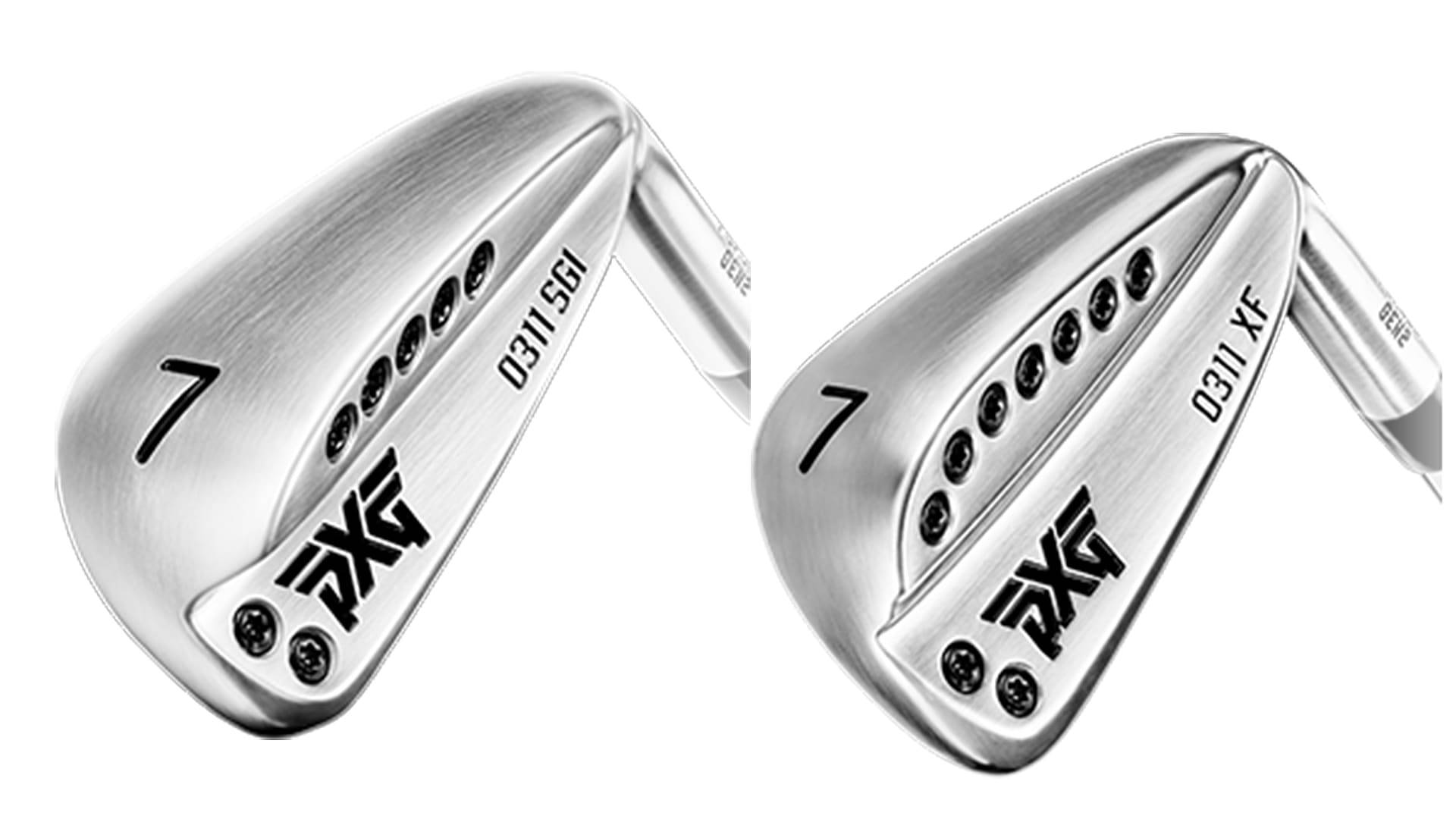 Golfing 桌布 壁紙 — 兩支拋光銀色PXG高爾夫鐵桿，刻有數字7和'0311 XF'，並排展示在白色背景上。