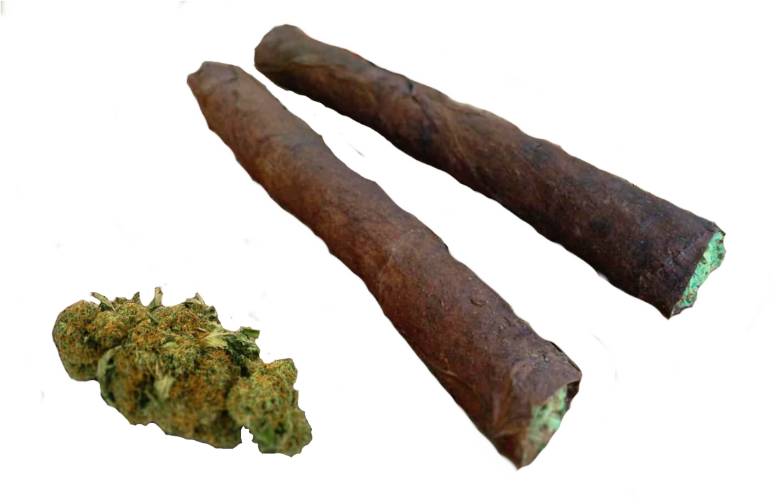 Backwoods 桌布 壁紙 — 兩支捲好的大麻煙和一個濃密的綠色花蕾在黑色背景上漂浮，帶有發光的金色粒子。