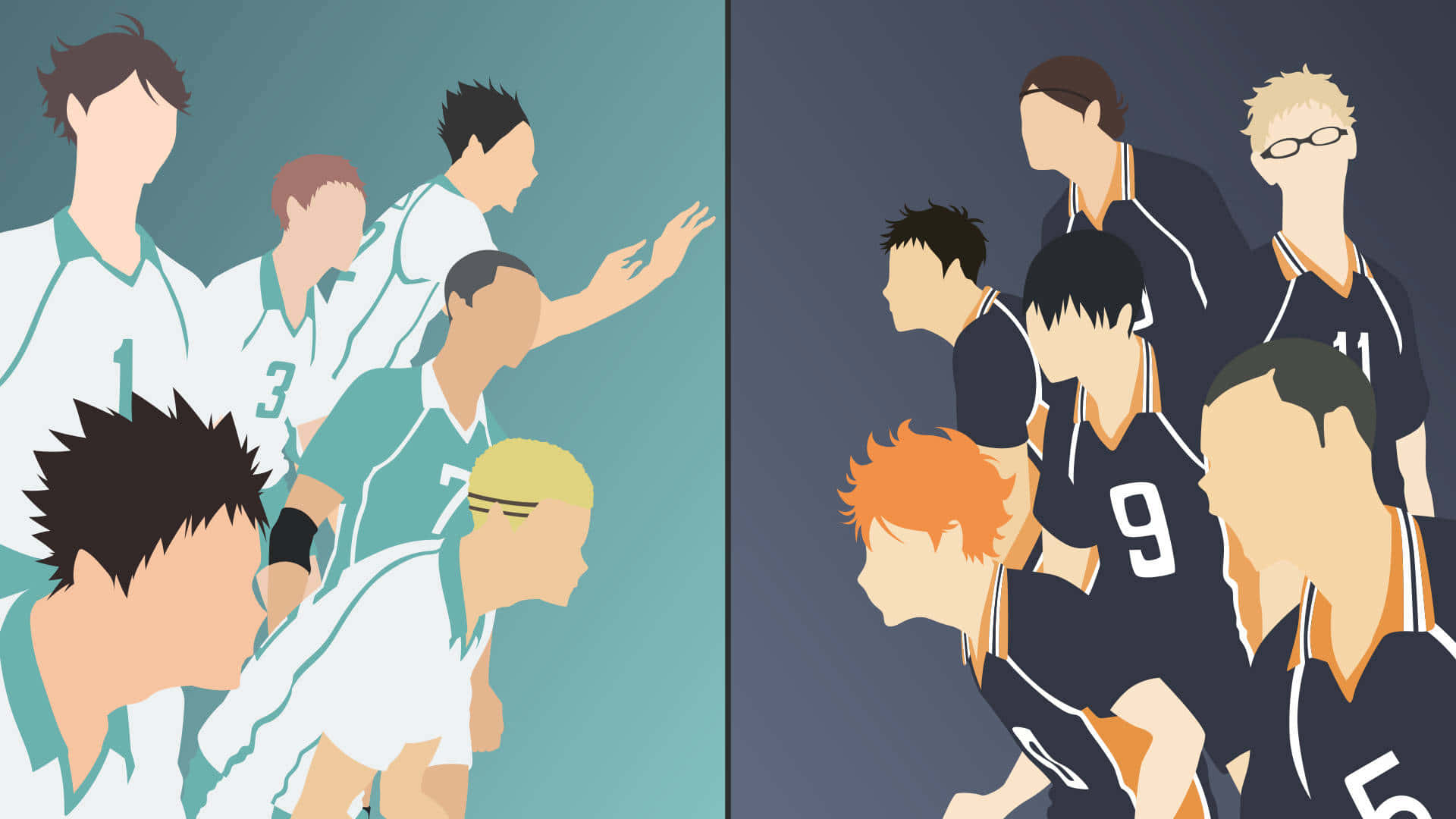 Aoba Johsai 桌布 壁紙 — 兩支排球隊在風格化的動漫插圖中對決，呈現對比鮮明的隊伍顏色和動態姿勢。