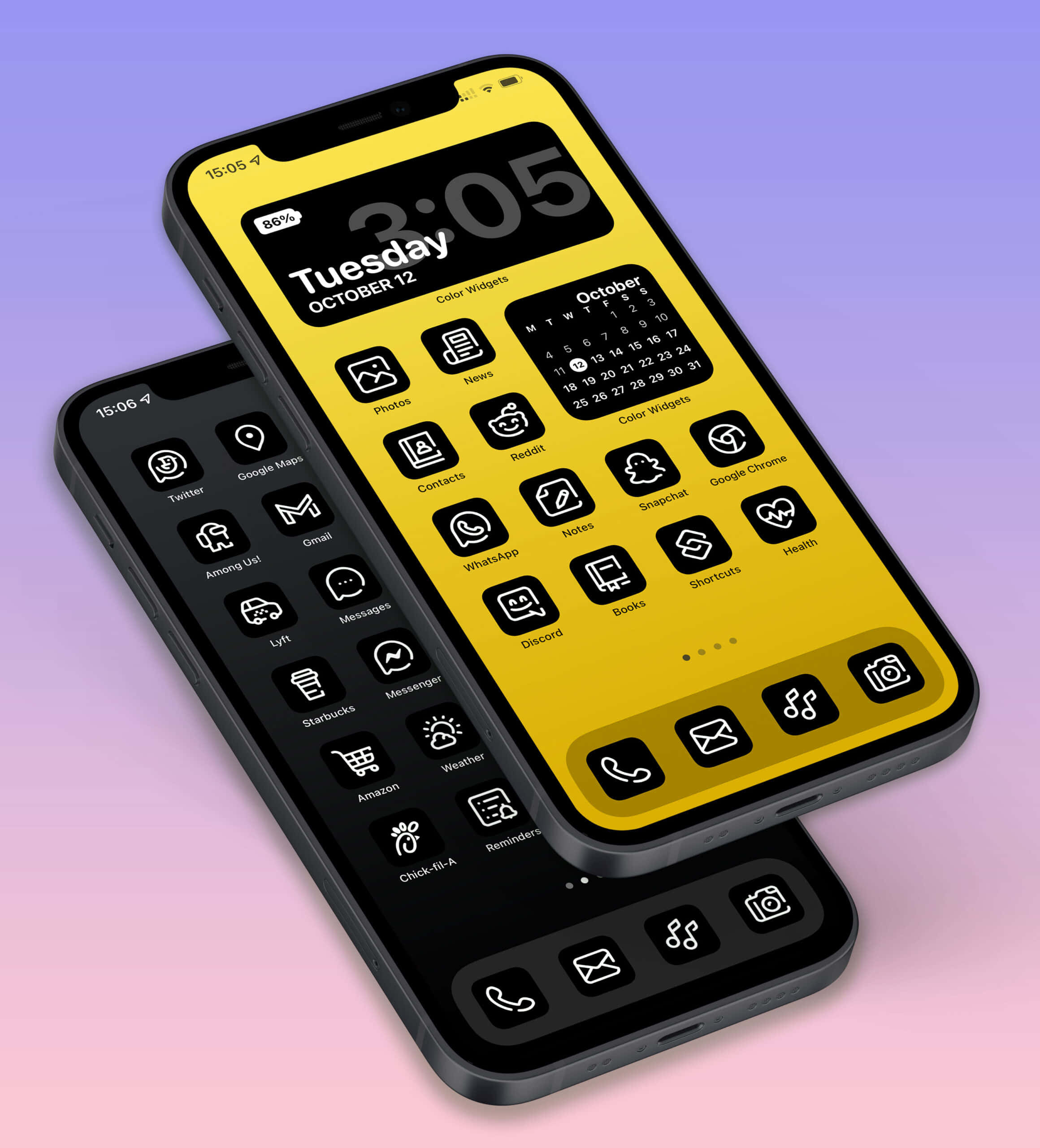 iPhone 美學 桌布 壁紙 — 兩支智慧型手機在柔和的紫色漸層背景上顯示對比的黃色和黑色主畫面及應用程式圖示。