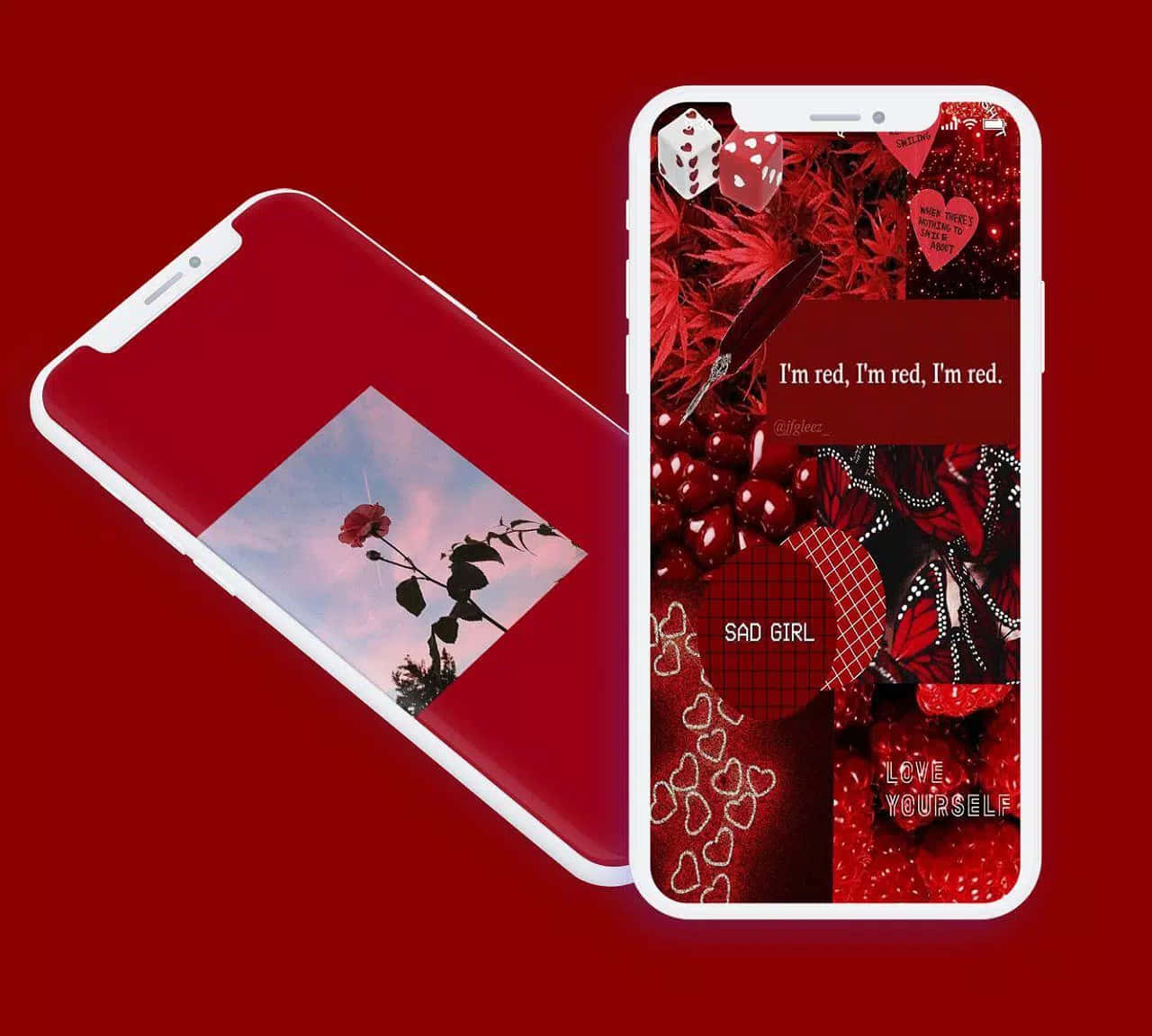 Soft Red Aesthetic 桌布 壁紙 — 兩支智慧型手機展示對比鮮明的紅色主題桌布：一支以天空為背景的玫瑰，另一支在深紅色背景上顯示心形、骰子和文字。