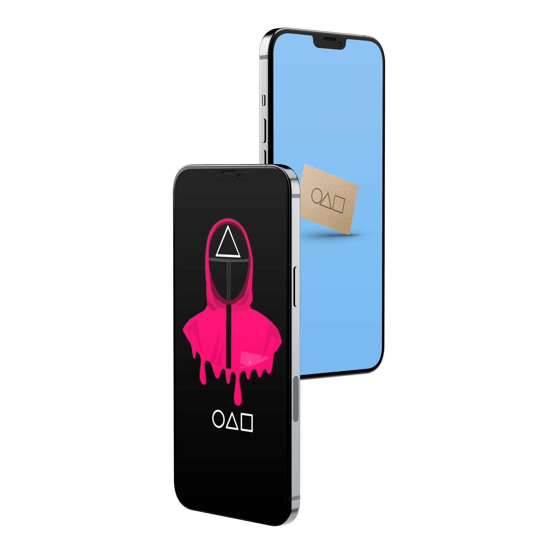 Squid Game 桌布 壁紙 — 兩支智慧型手機展示極簡幾何藝術，一個粉紅色滴落連帽衫圖標，另一個是帶有形狀的紙板箱，背景為藍色。