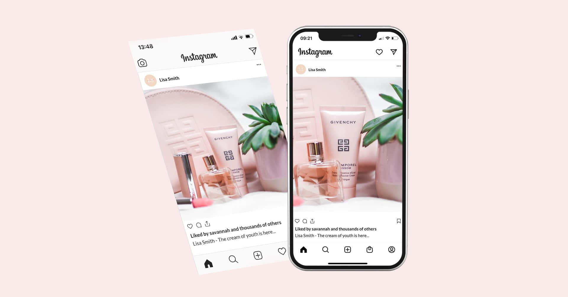 Instagram 桌布 壁紙 — 兩支智慧型手機顯示一個Instagram貼文，內容是Givenchy護膚產品與多肉植物排列在柔和的粉紅色背景上。