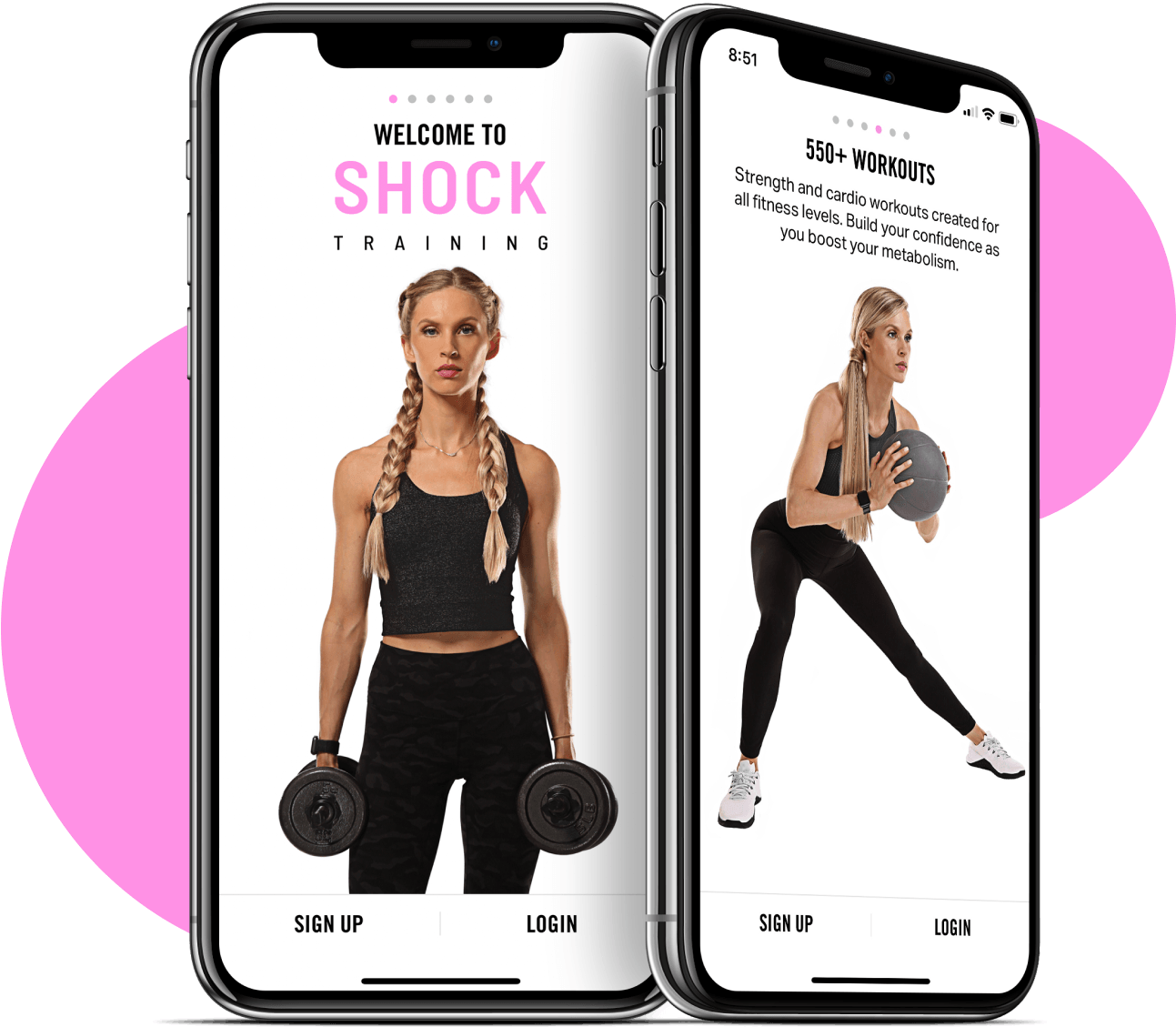 Fitness 桌布 壁紙 — 兩支智慧型手機顯示一個健身應用程式，其中一個綁辮子的女人拿著啞鈴，另一個用健身球做運動，背景是粉紅色圓形。
