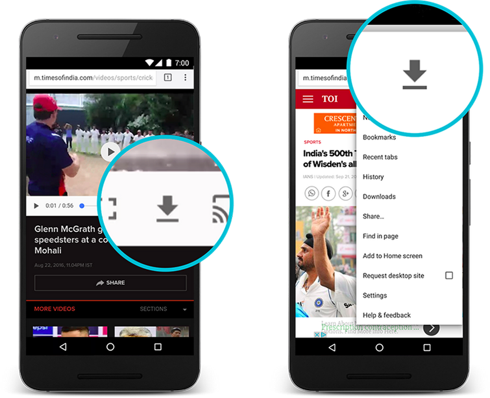 Google Chrome 桌布 壁紙 — 兩支智慧型手機顯示一個行動瀏覽器，下載圖示在影片和選單頁面上被強調。