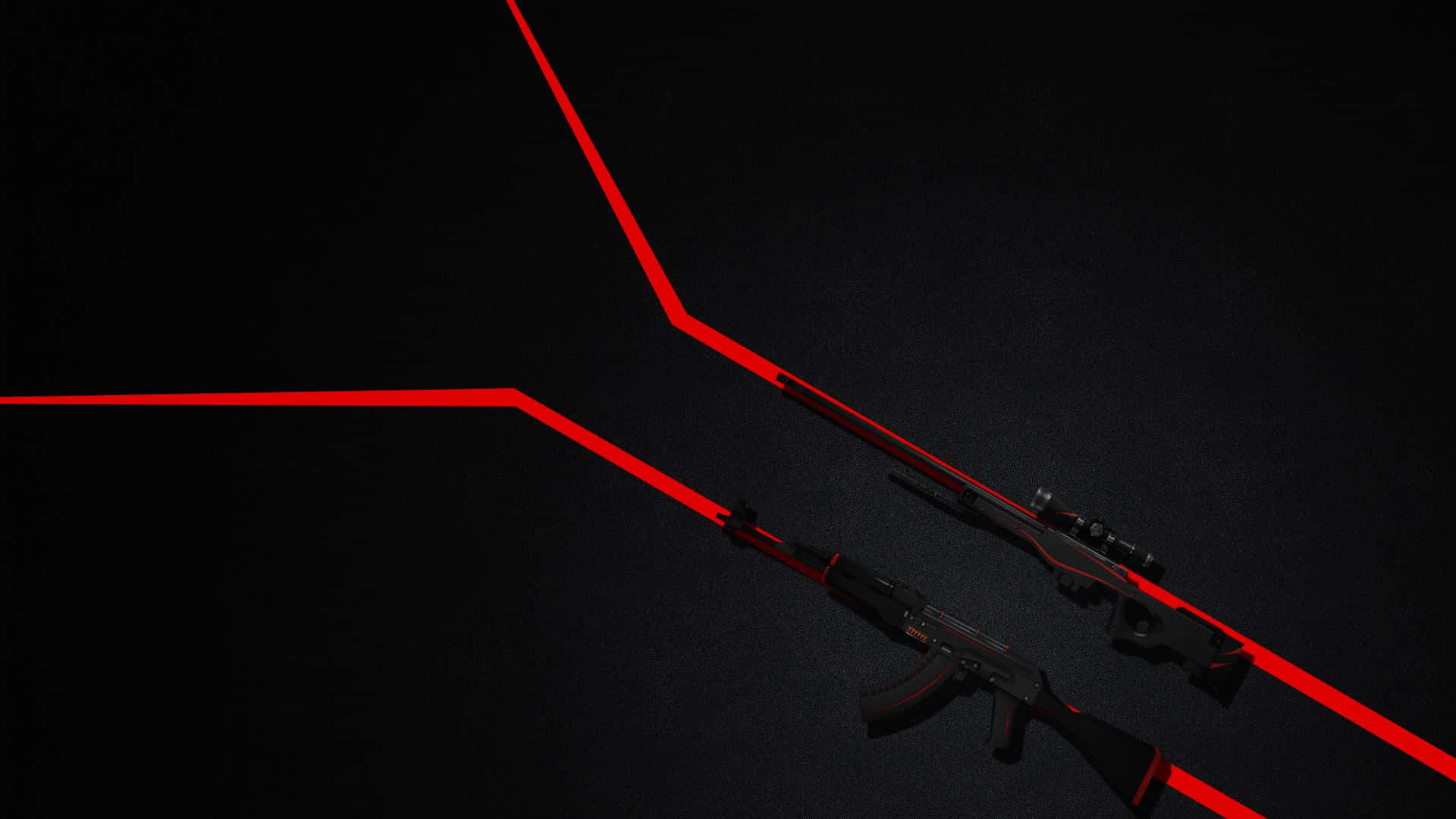 Red Line 桌布 壁紙 — 兩支步槍對角放置在黑色表面上，由大膽的紅色雷射線條照亮，營造出鮮明的高對比度未來感場景。