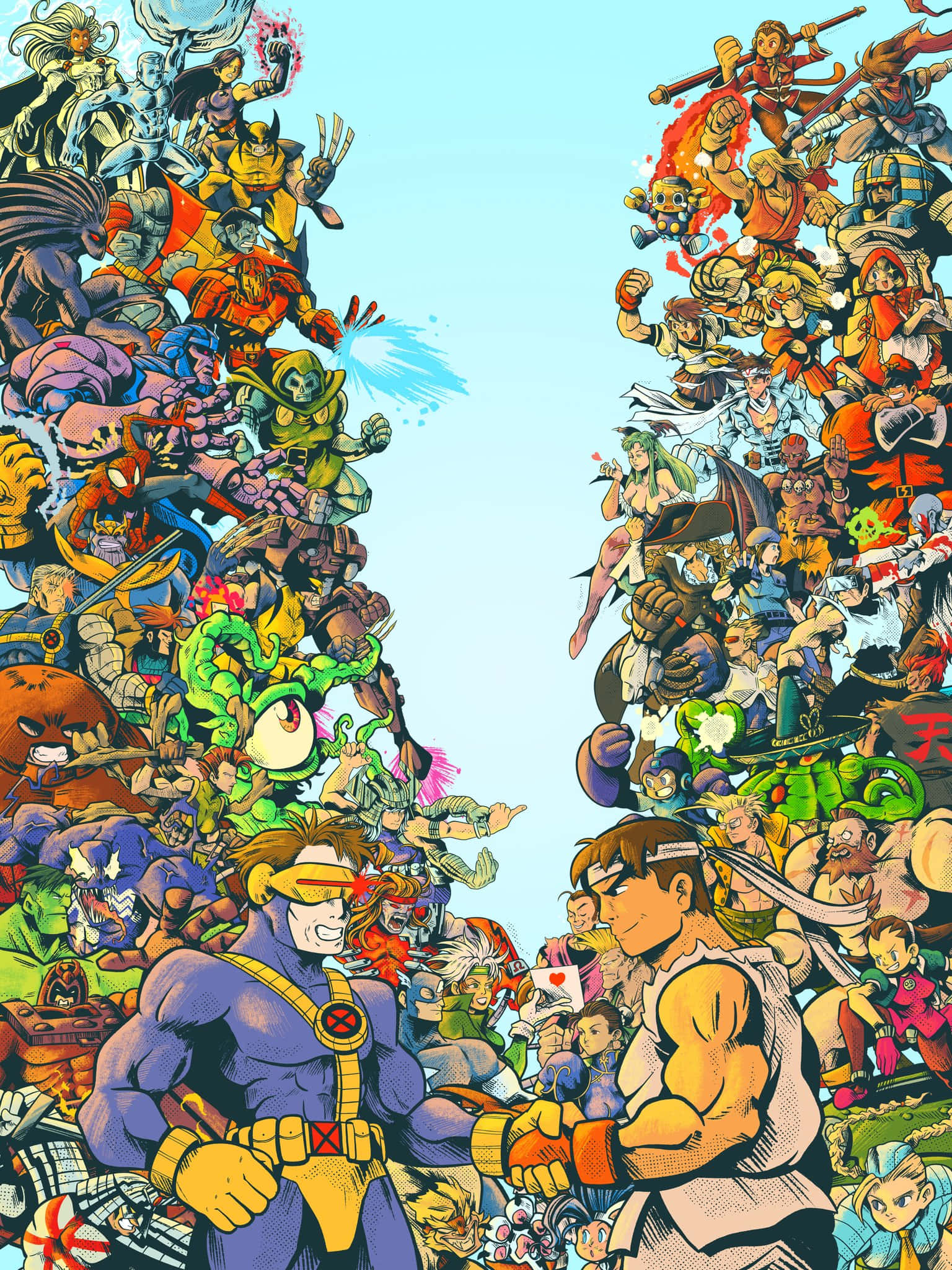 Marvel Vs Capcom Characters 桌布 壁紙 — 兩支由漫畫英雄和反派組成的龐大軍隊在充滿活力的混亂戰鬥場景中交鋒。