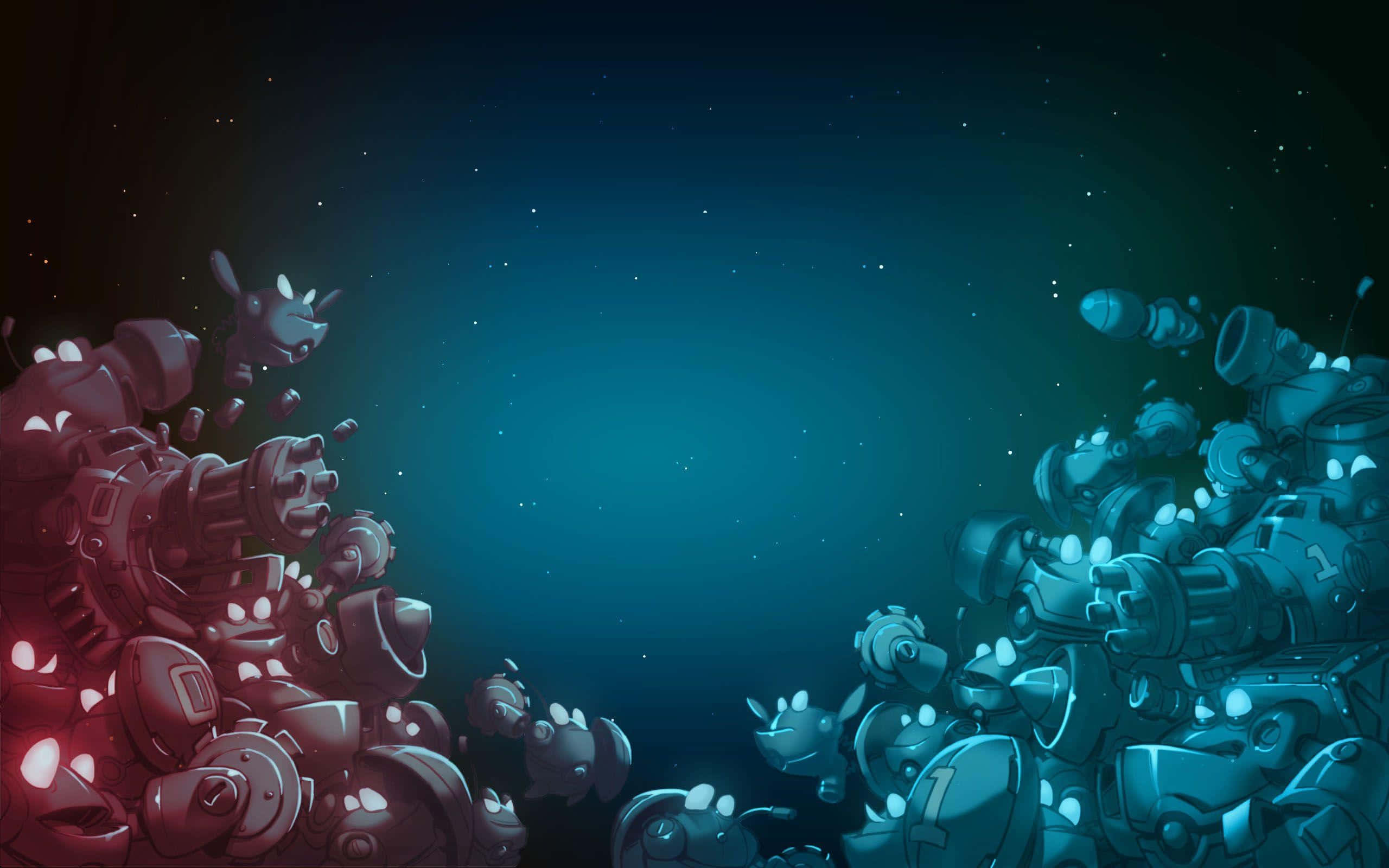 Indie Games 桌布 壁紙 — 兩支發光的機器人軍隊在星光燦爛的宇宙虛空中對峙，帶有鮮豔的紅色和藍色燈光。