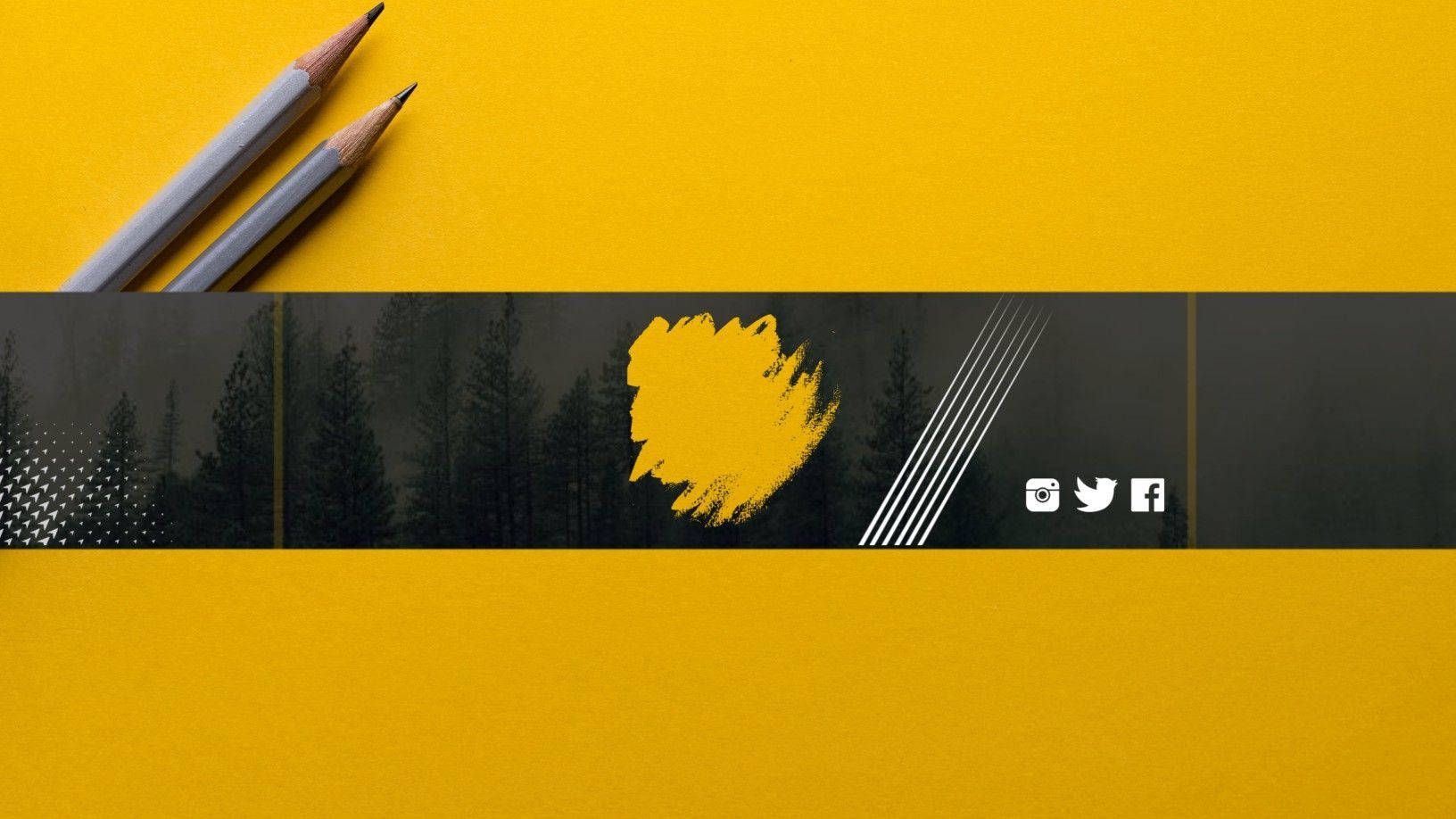 YouTube Banner 桌布 壁紙 — 兩支石墨鉛筆放在充滿活力的黃色紋理表面上，上方是黑暗森林場景，帶有社交媒體圖標和醒目的黃色筆觸。