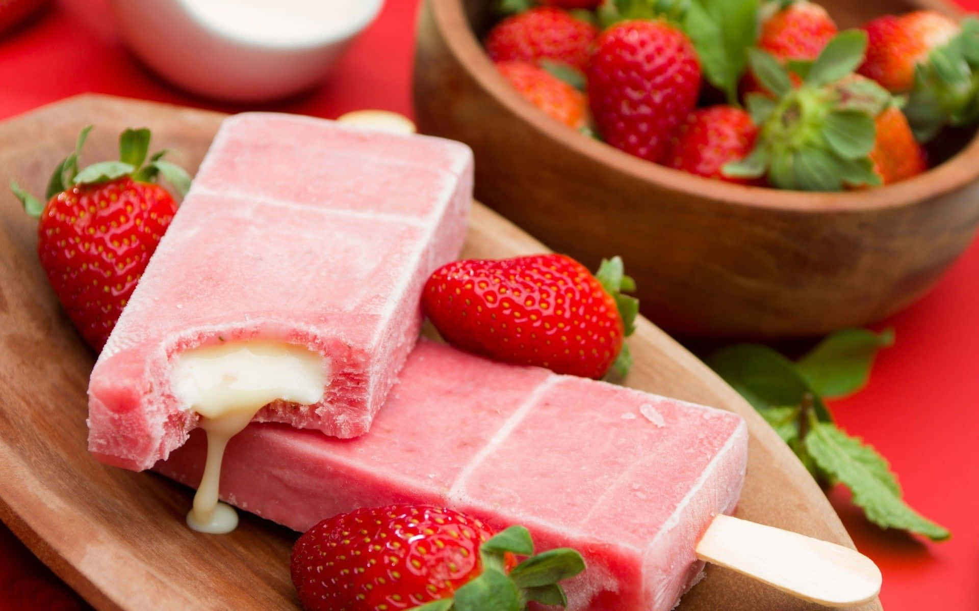 Spring Desserts 桌布 壁紙 — 兩支粉紅色草莓冰棒，帶有奶油白色內餡，在木板上融化，周圍是新鮮草莓和薄荷。
