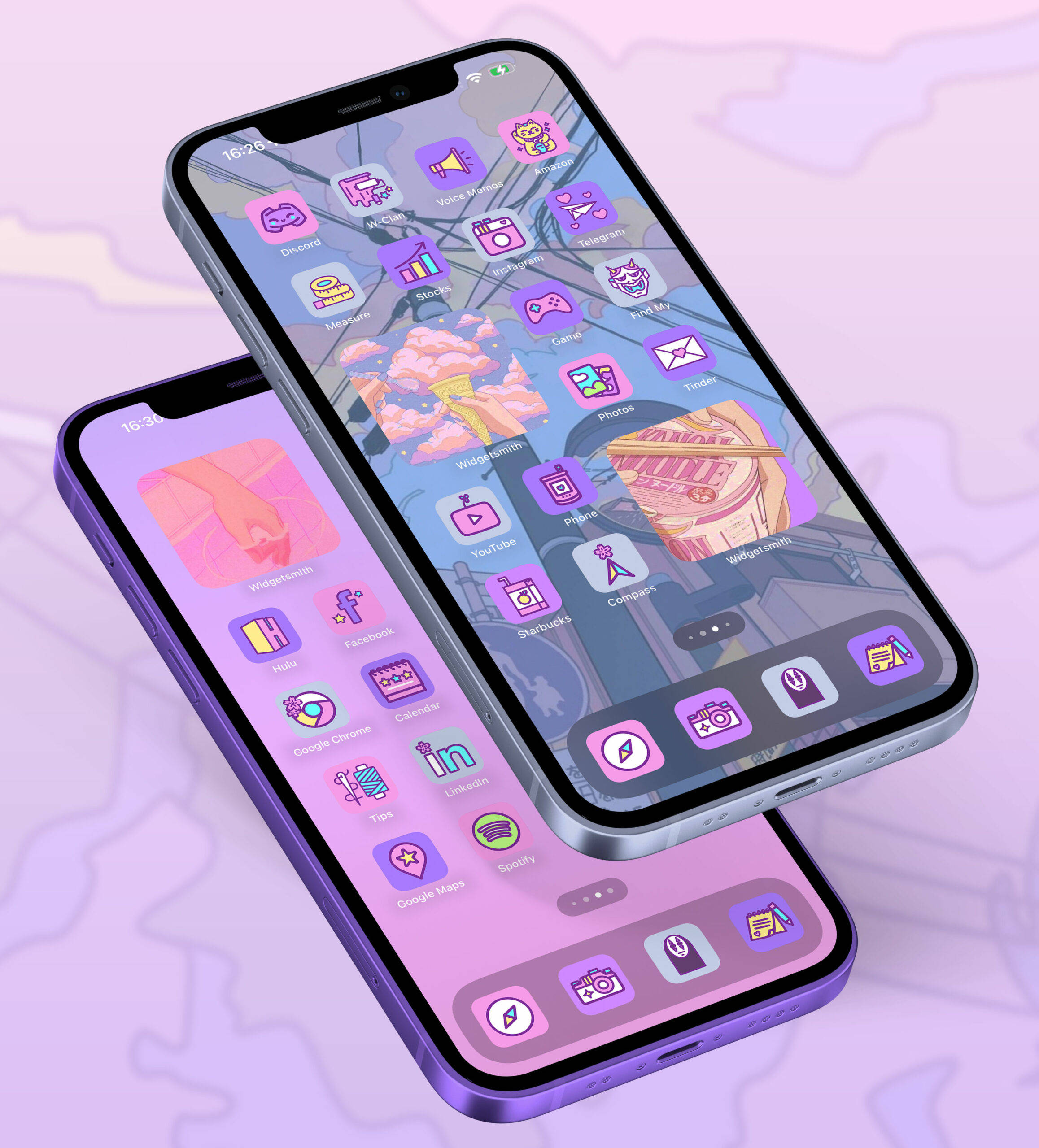 iPhone 桌布 壁紙 — 兩支紫色智慧型手機在帶有抽象雲朵形狀的柔和粉彩桌布上顯示色彩繽紛的應用程式圖示。