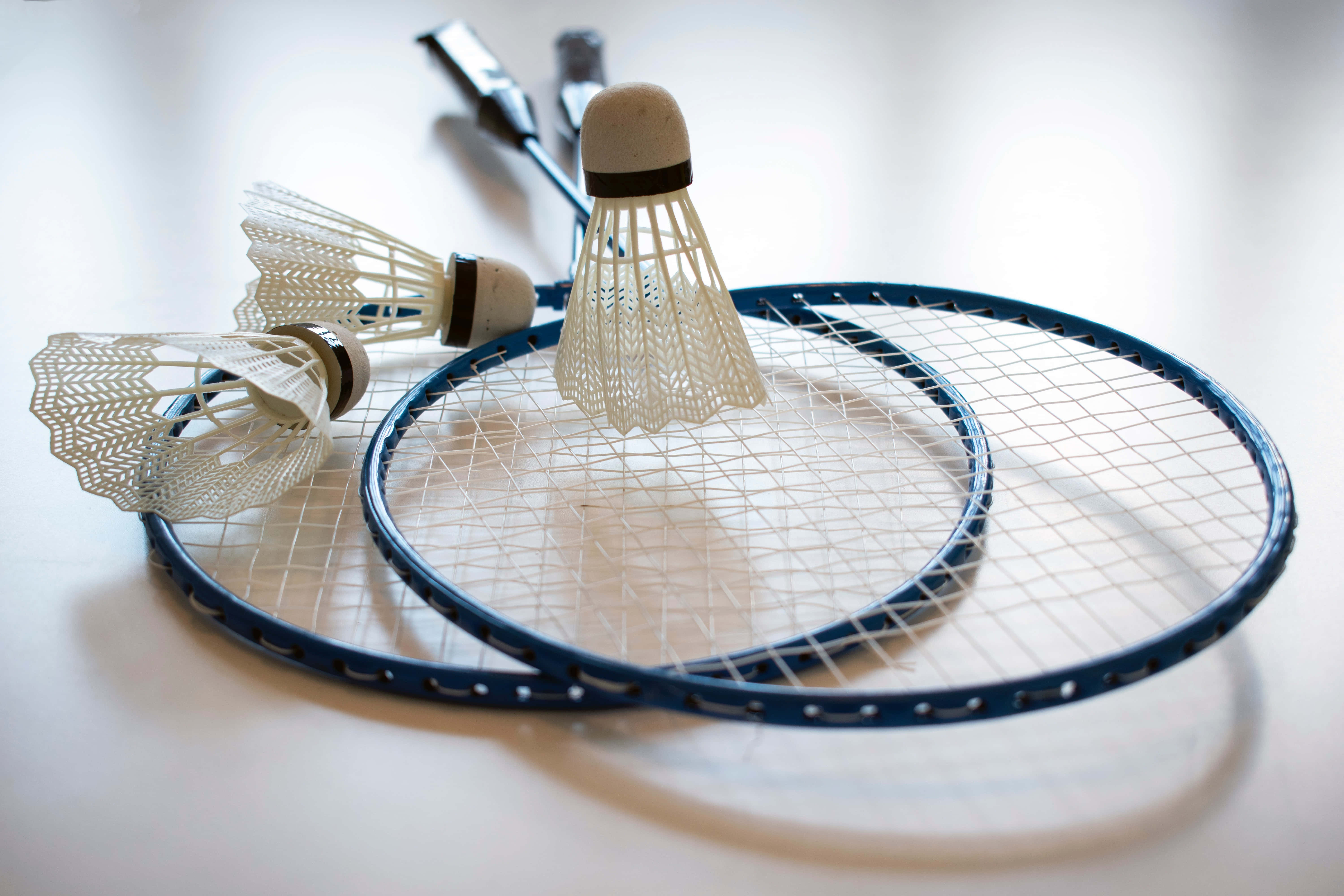 Badminton 桌布 壁紙 — 兩支藍色羽毛球拍和三個羽毛球放在明亮的白色表面上，帶有柔和陰影。