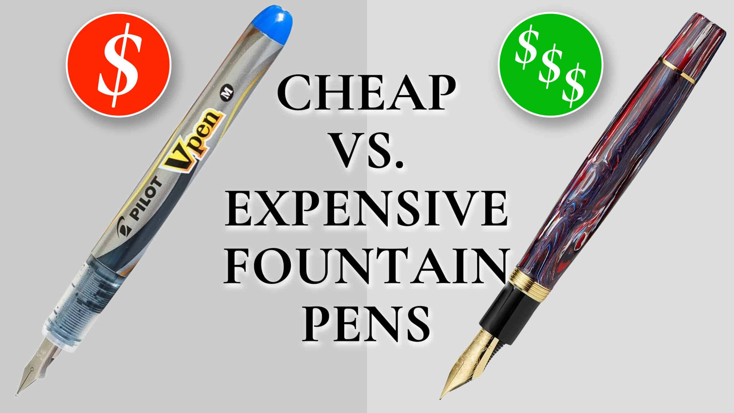 Pens 桌布 壁紙 — 兩支鋼筆，一支平價帶有美元符號，另一支昂貴帶有三重美元符號並排。