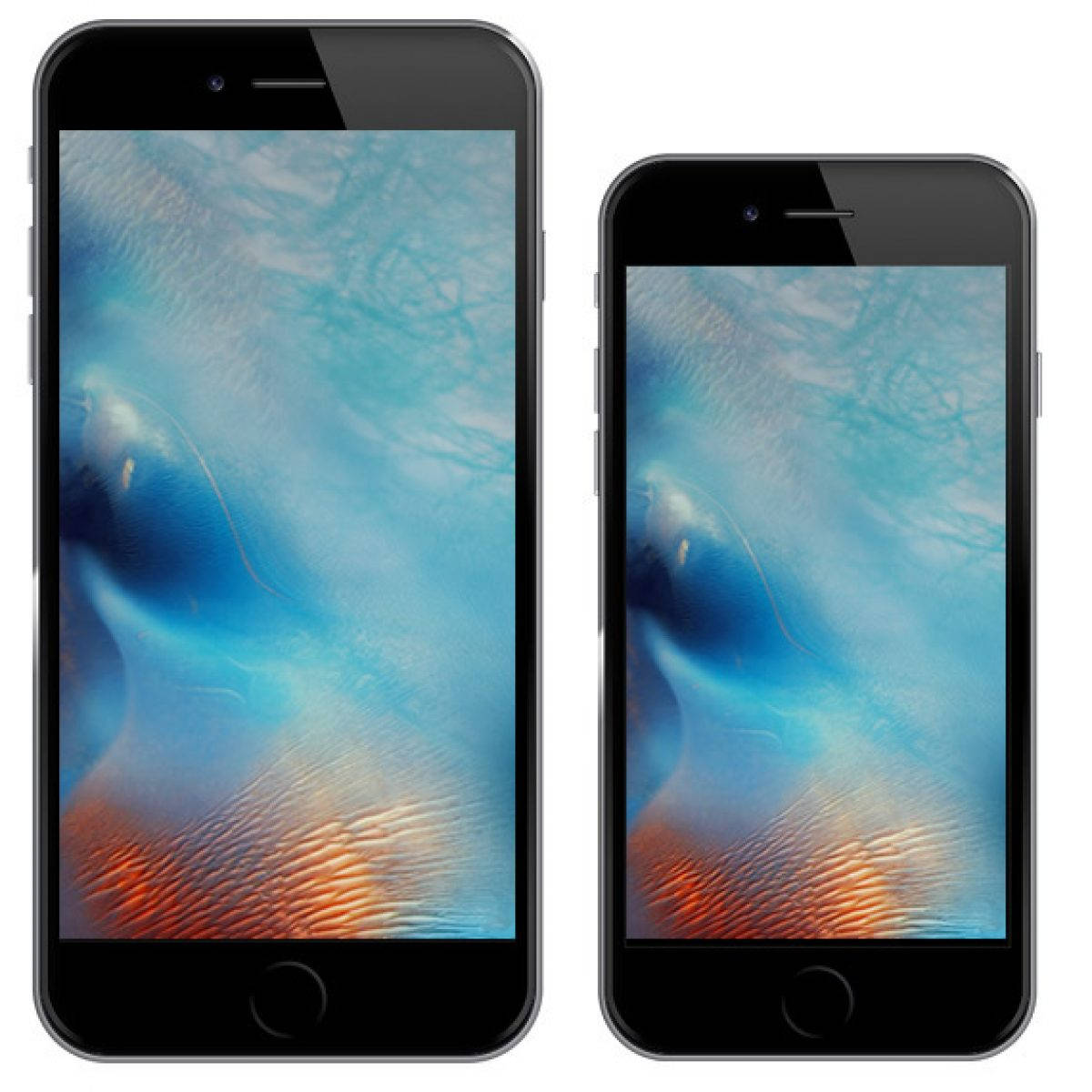 Apple iPhone 預設 桌布 壁紙 — 兩支黑色智慧型手機在白色背景上顯示帶有藍色和橙色色調的漩渦抽象桌布。