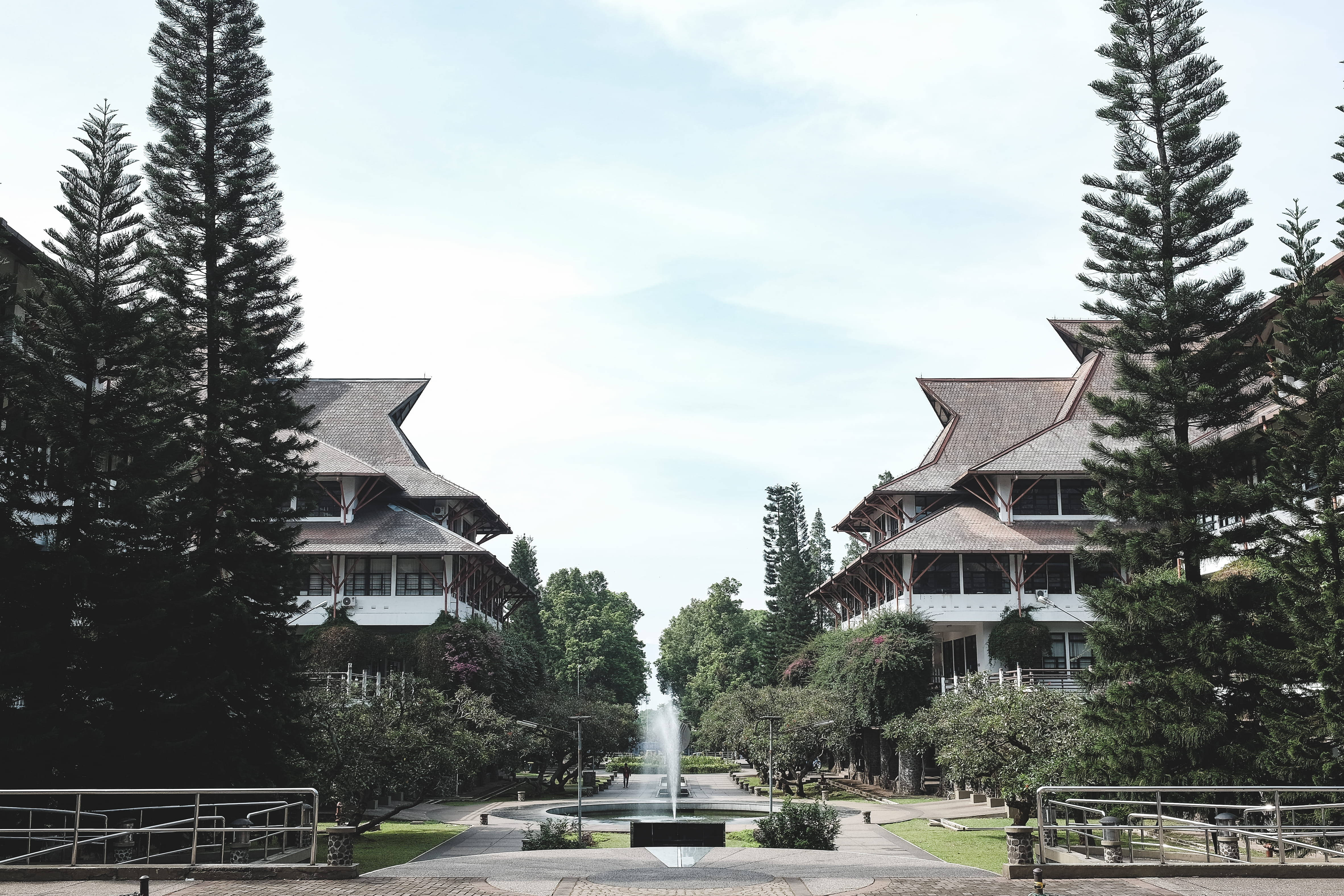 bandung 桌布 壁紙 — 兩旁高聳松樹的對稱小徑通向傳統有頂建築，中央有噴泉，天空明亮。