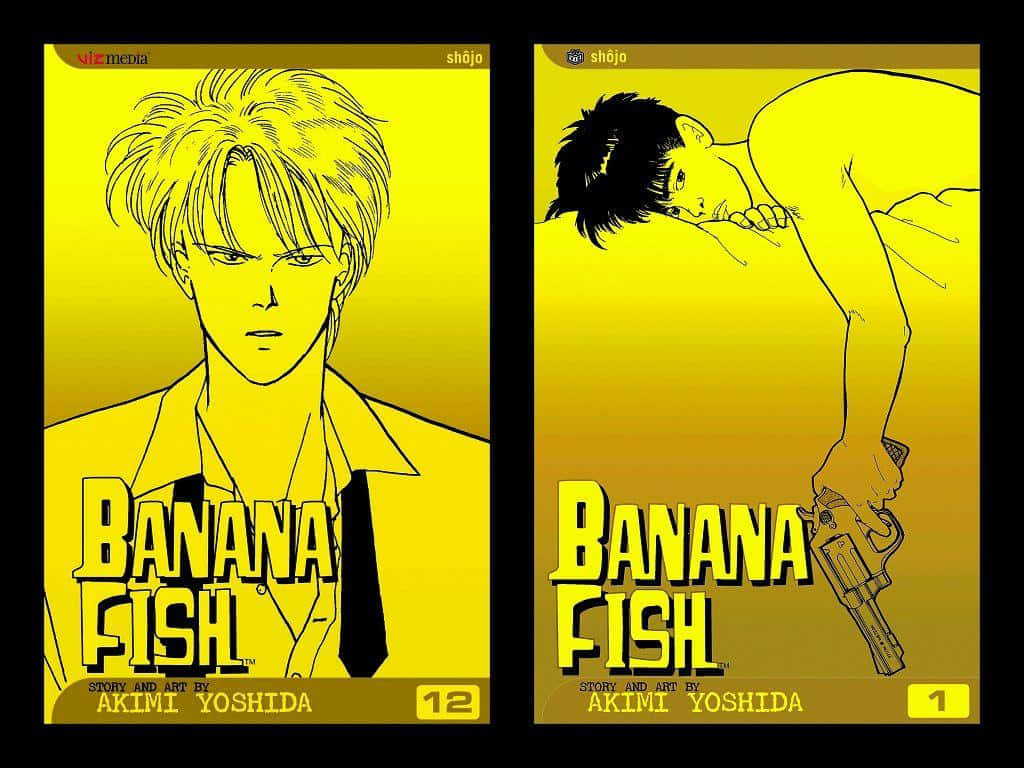 Banana Fish 桌布 壁紙 — 兩本《Banana Fish》漫畫封面，展示一位金髮西裝男子和一位黑髮持槍男子，背景為大膽的黃色漸變。