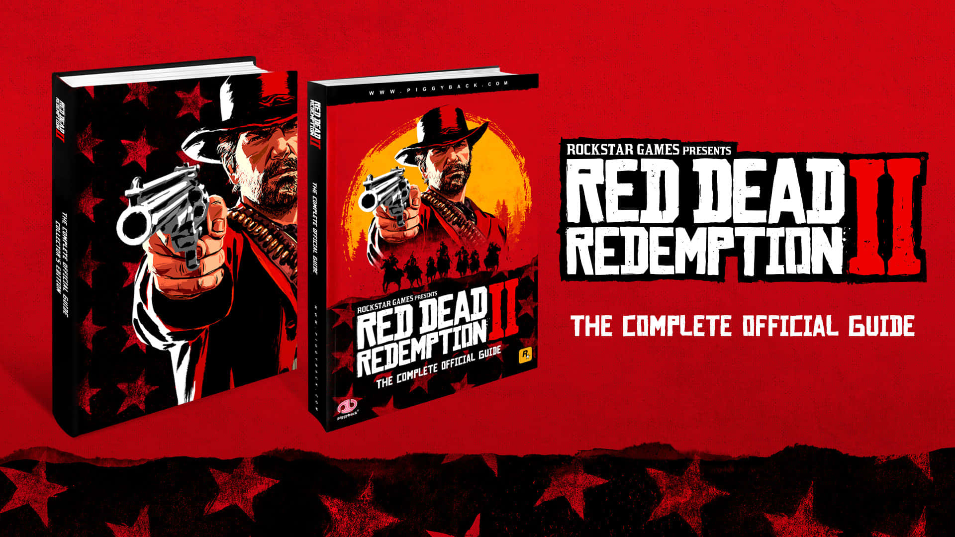 碧血狂殺2 桌布 壁紙 — 兩本《Red Dead Redemption II》官方攻略本，放在帶有星星圖案和牛仔瞄準左輪手槍的醒目紅色背景前。