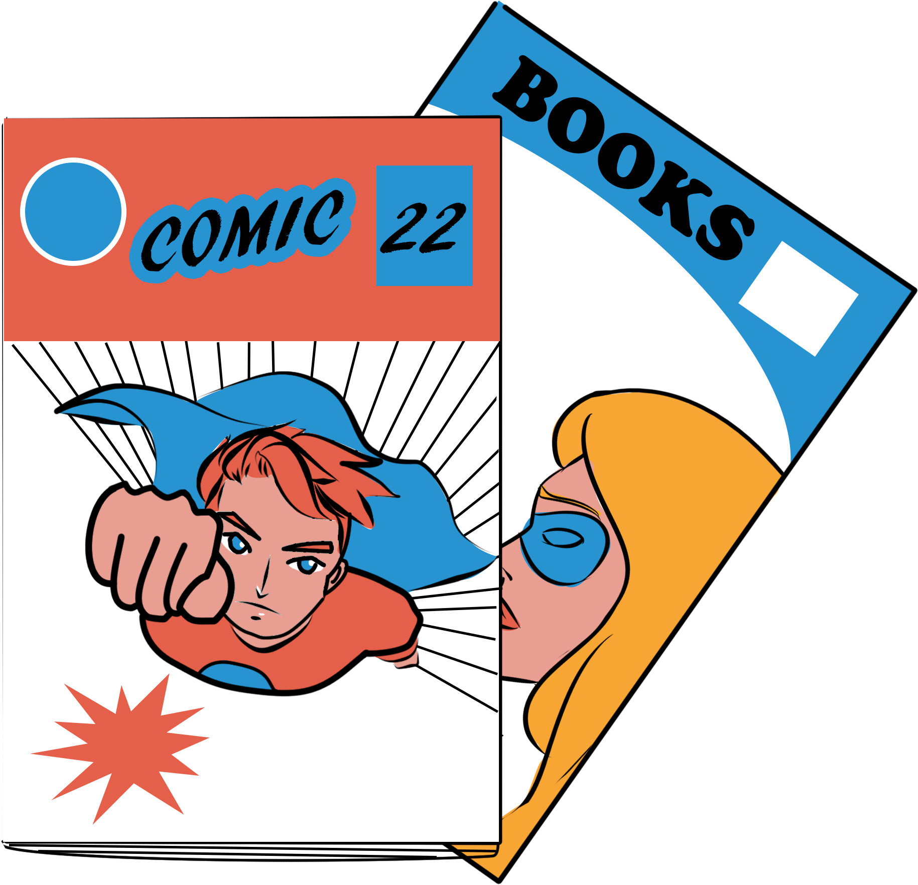 Books Clipart 桌布 壁紙 — 兩本漫畫書封面，一本標有漫畫22，上面有超級英雄，另一本標有書籍，上面有戴面具的女英雄。
