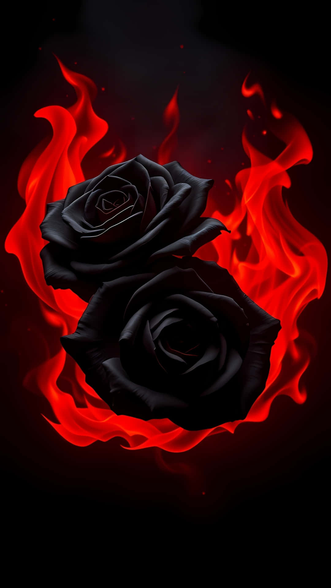 Black Roses Surrounded by Red Flames on Dark Background 壁紙 — 兩朵亮黑色玫瑰在鮮紅色火焰中綻放，背景為深色。