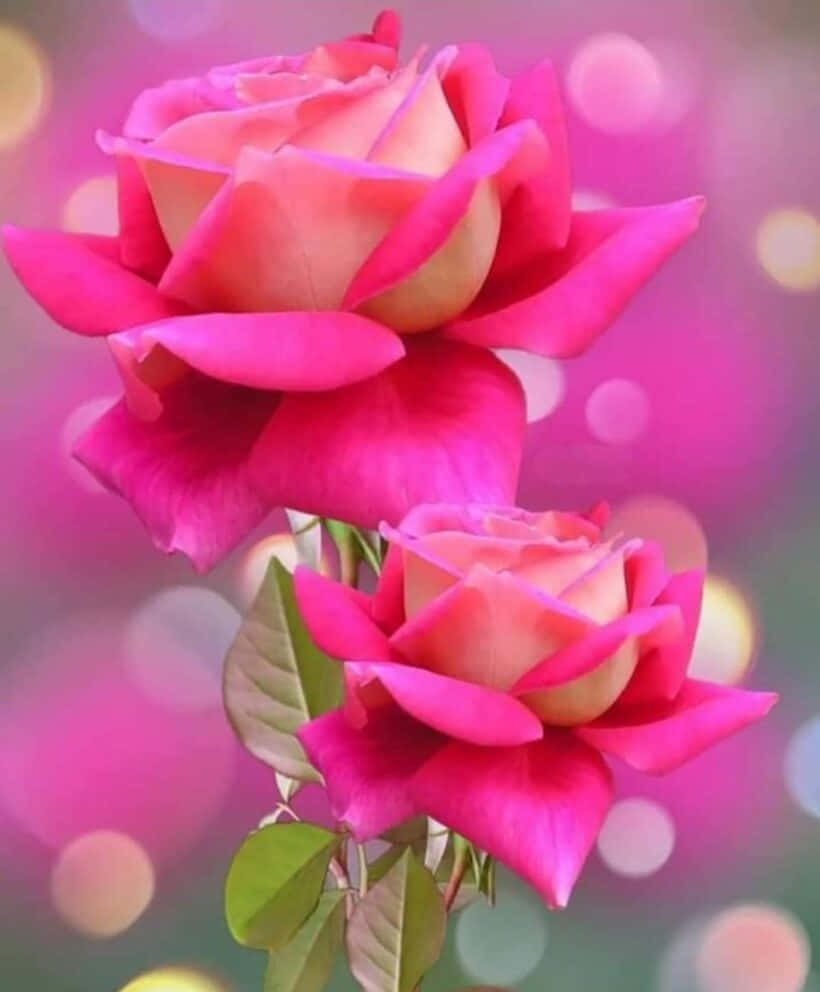 Beautiful Roses 桌布 壁紙 — 兩朵充滿活力的粉紅玫瑰，帶有漸變花瓣，在柔和的粉紅和金色的夢幻散景背景下綻放。